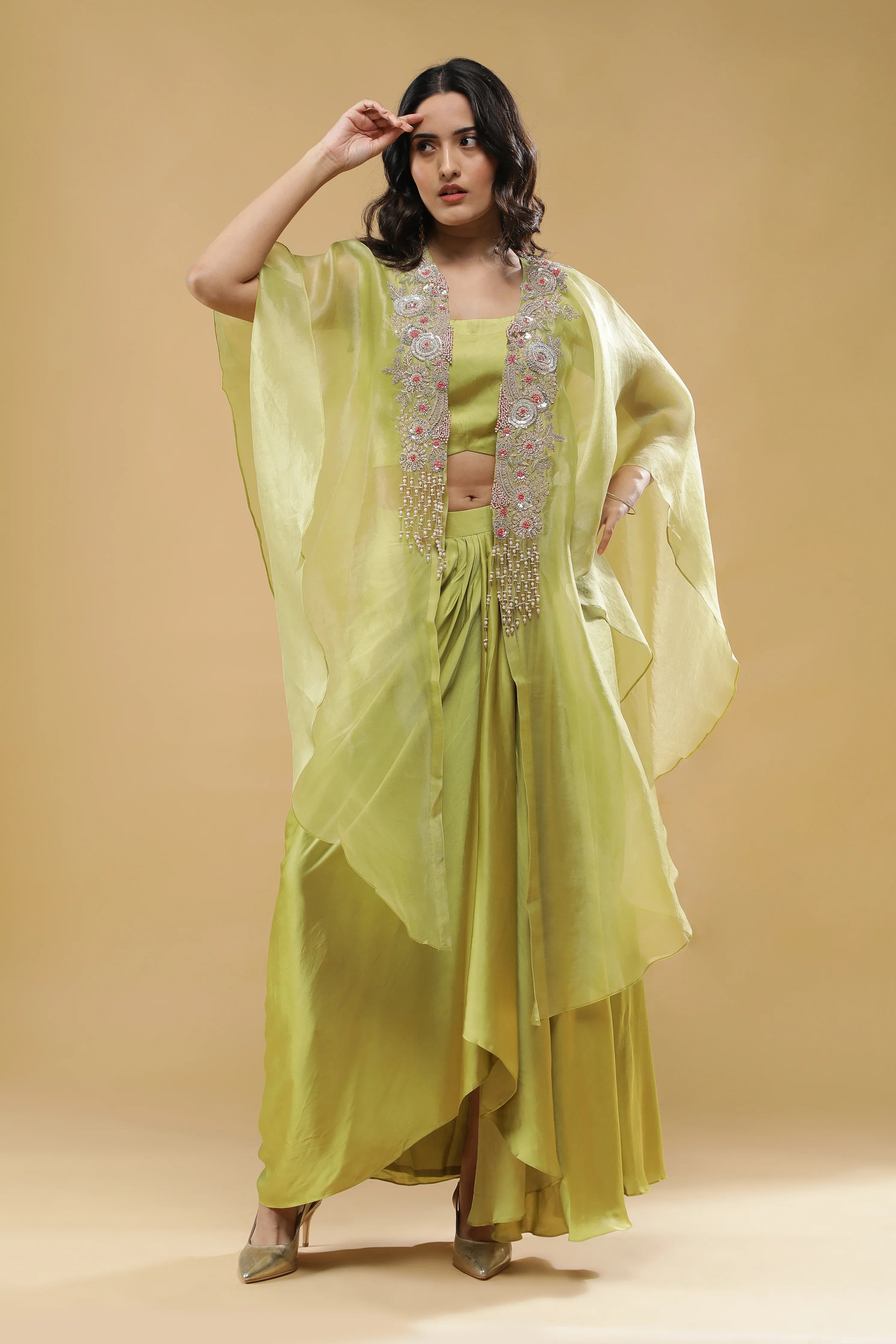 Lime Green Organza Cape with Satin Silk Skirt Set | Mokshaa