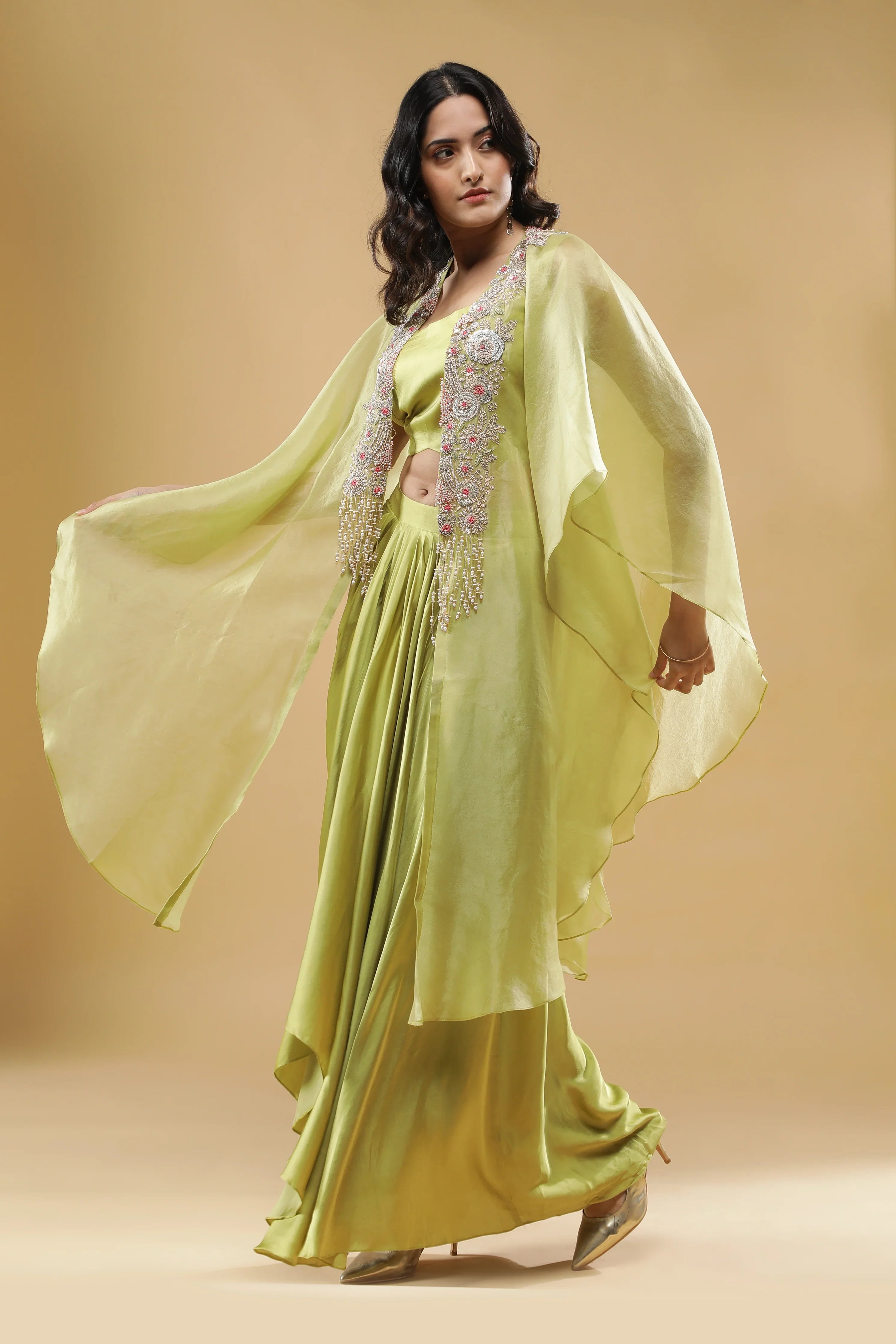 Lime Green Organza Cape with Satin Silk Skirt Set - Mokshaa