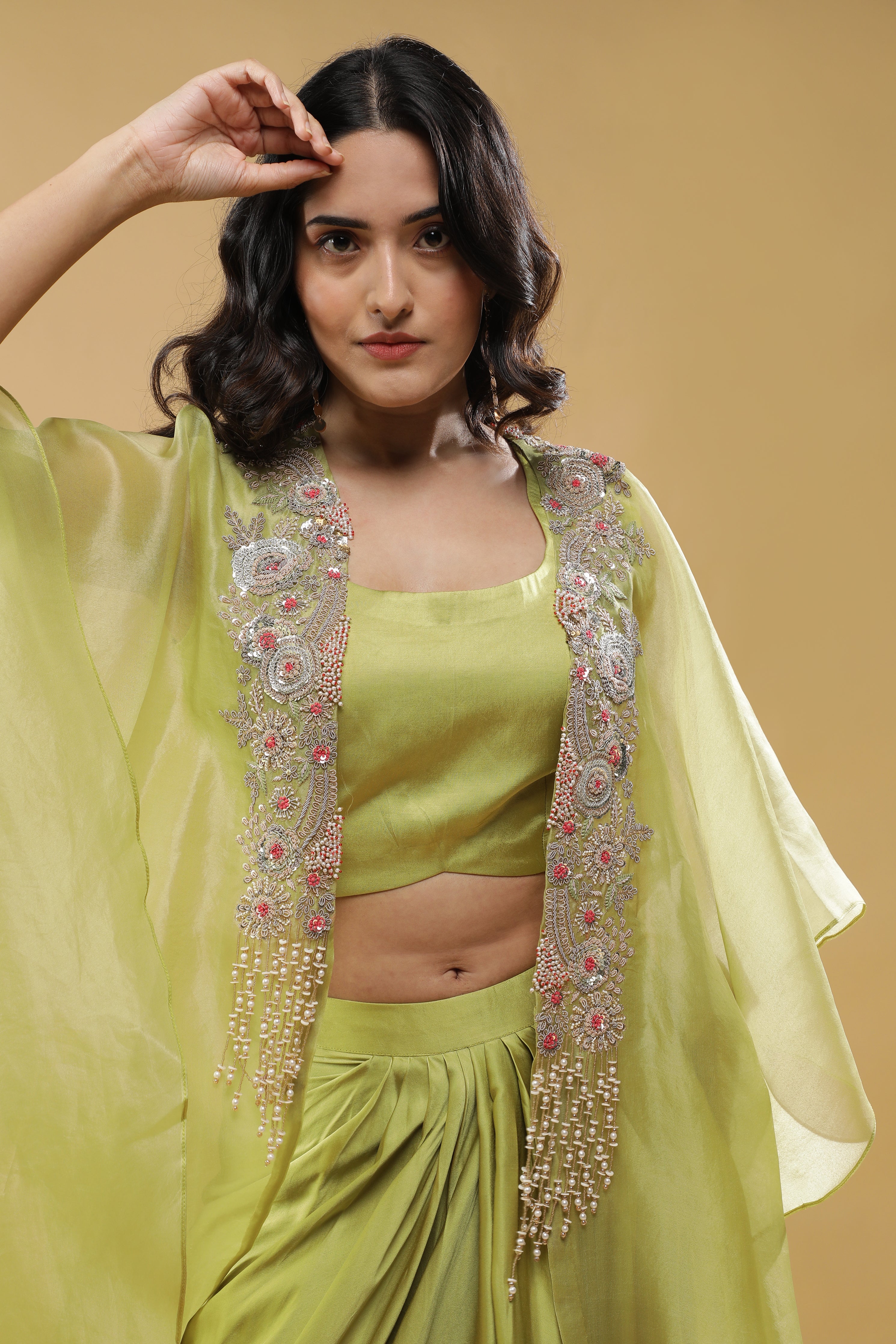 Lime Green Organza Cape with Satin Silk Skirt Set
