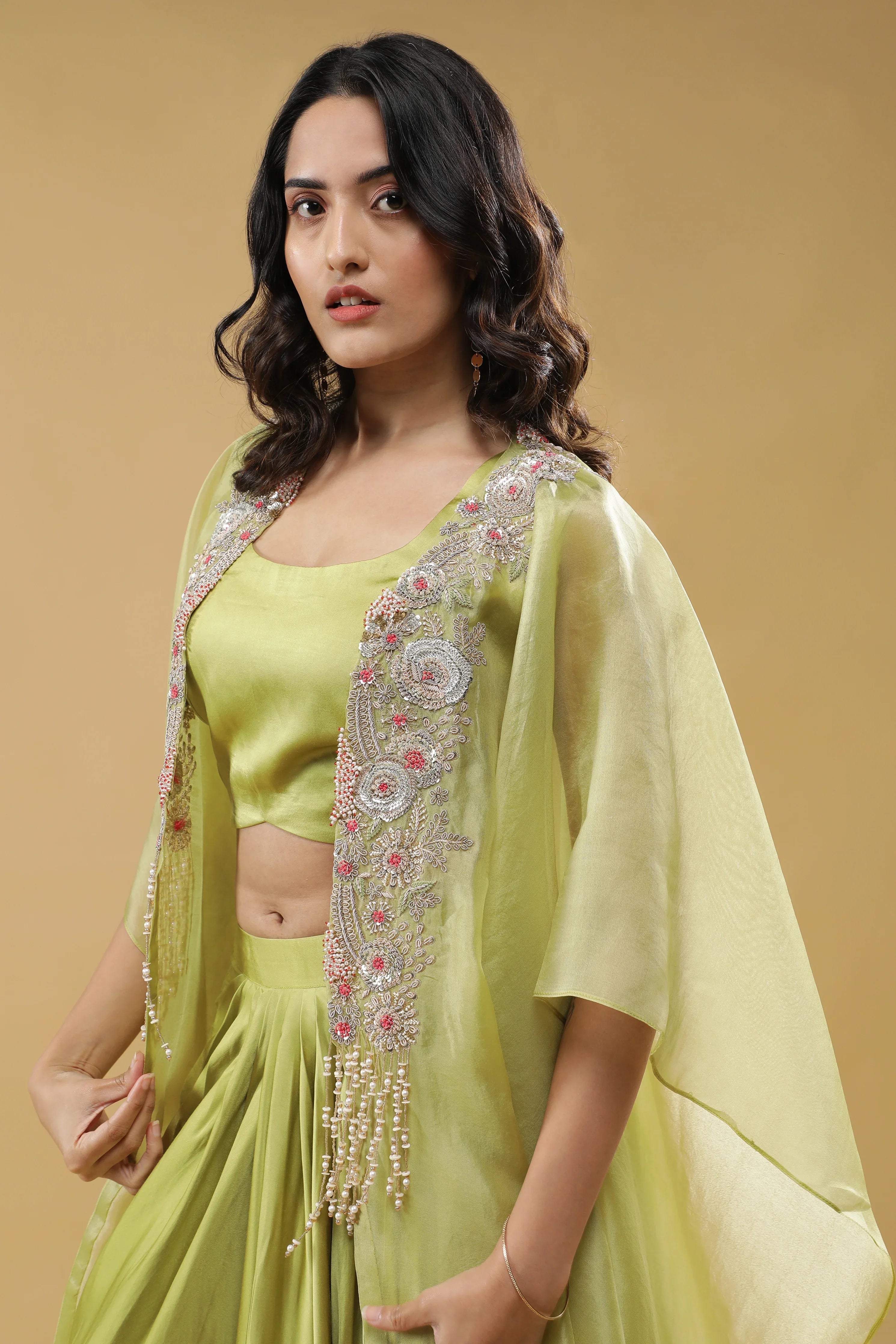 Lime Green Organza Cape with Satin Silk Skirt Set - Mokshaa