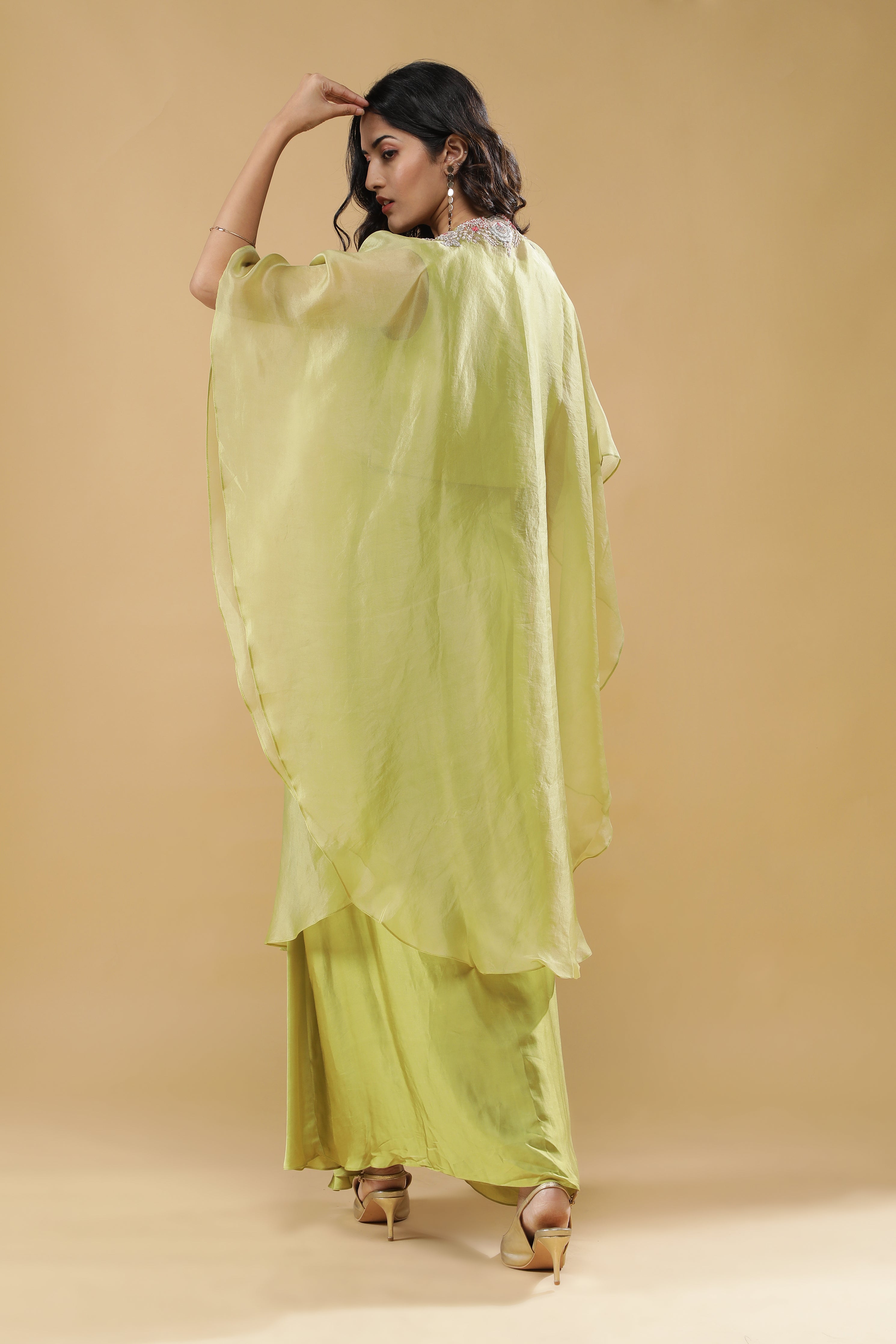 Lime Green Organza Cape with Satin Silk Skirt Set
