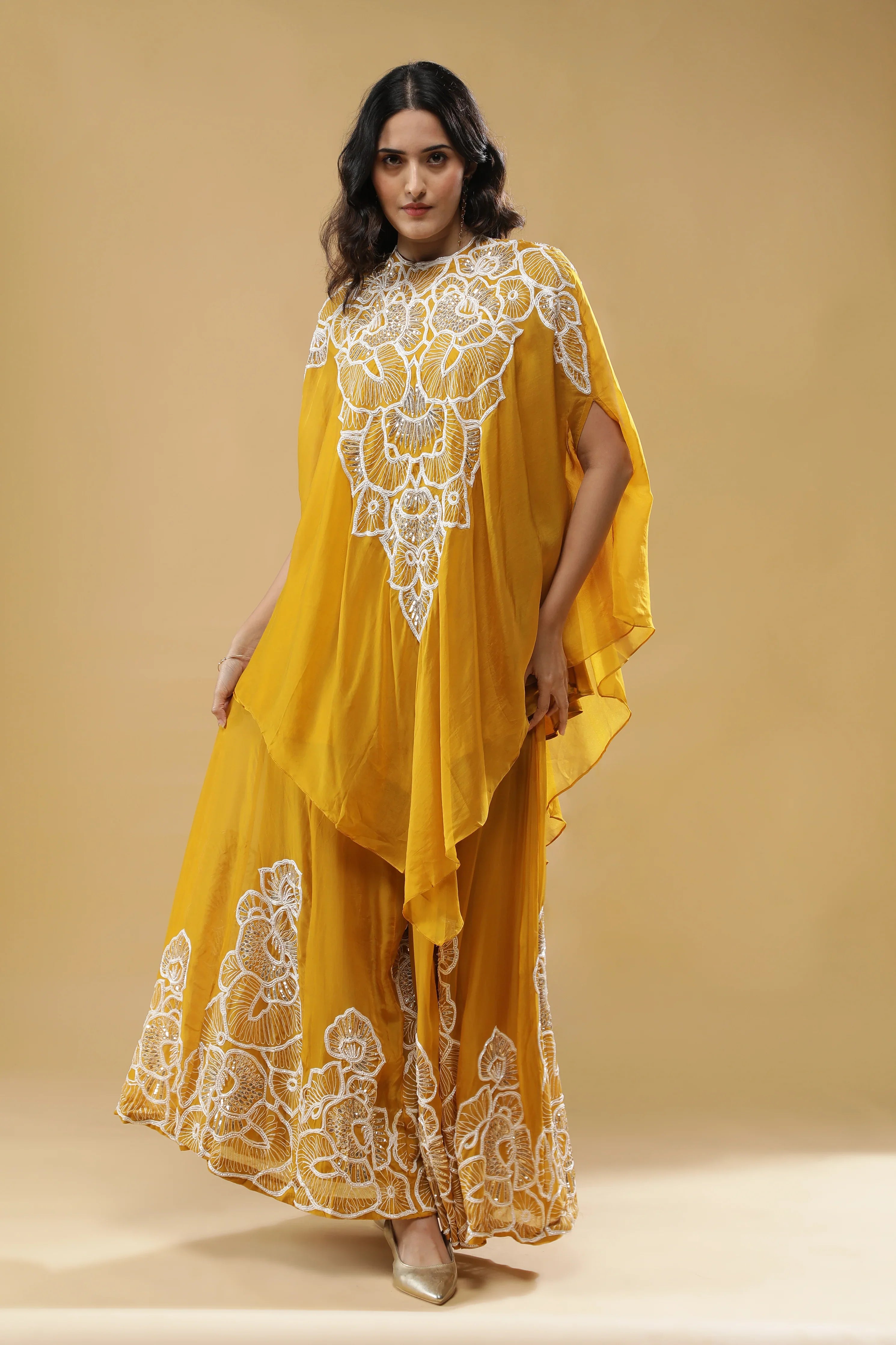 Yellow Organza Cape Set | Mokshaa