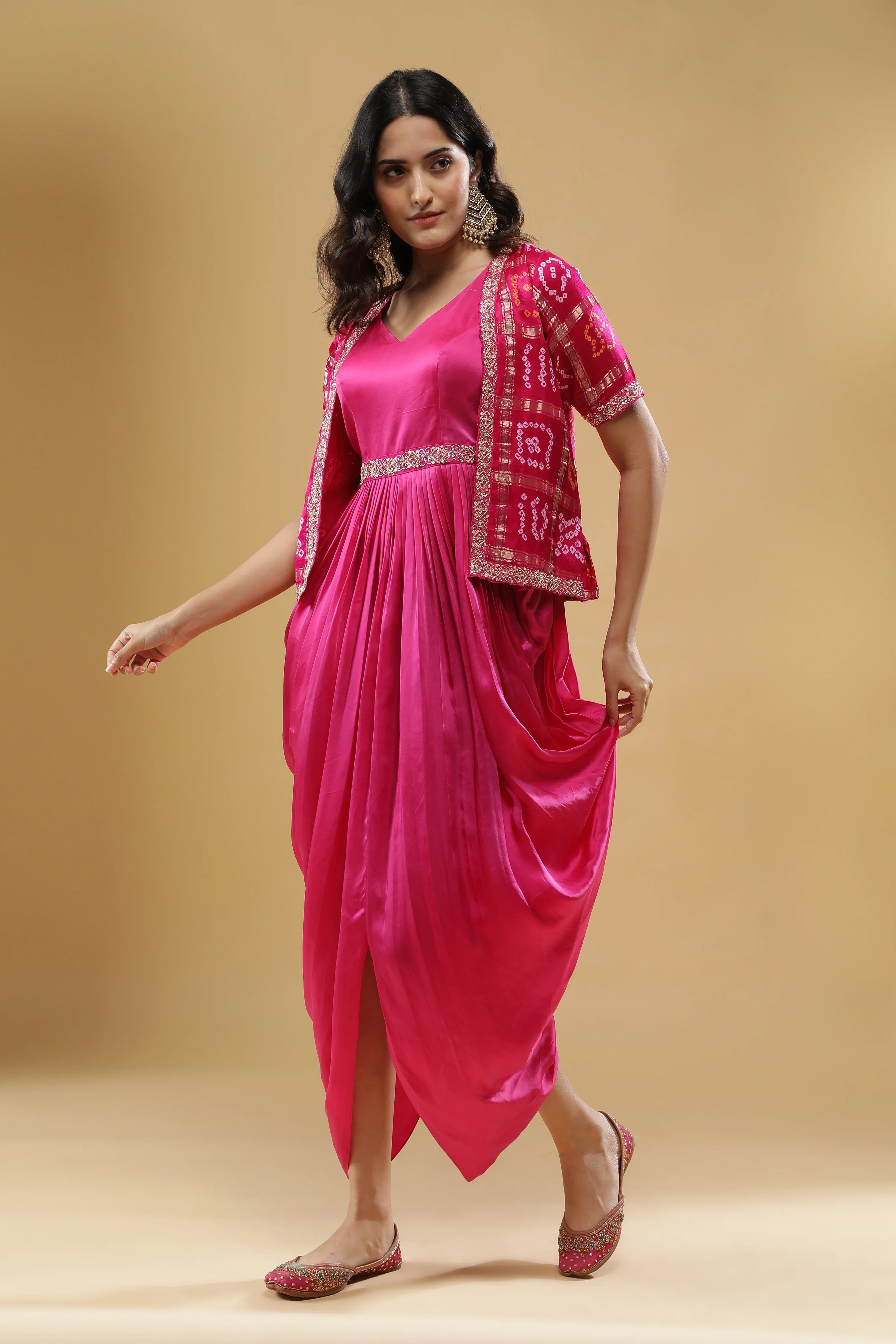 Pink Satin Silk Drape Gown with Bandhej Jacket | Mokshaa
