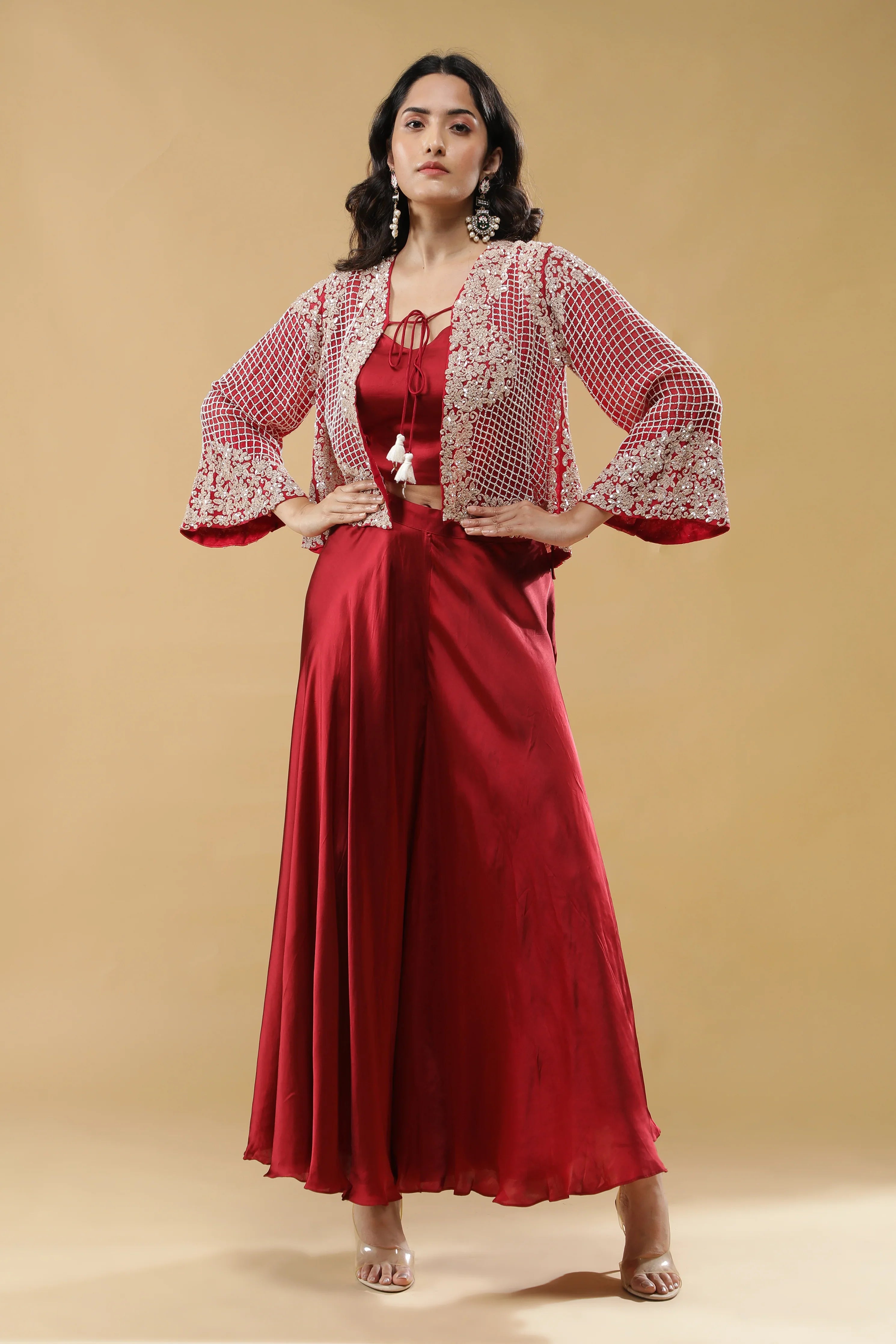 Red Satin Palazzo Set with Embroidered Cape | Mokshaa