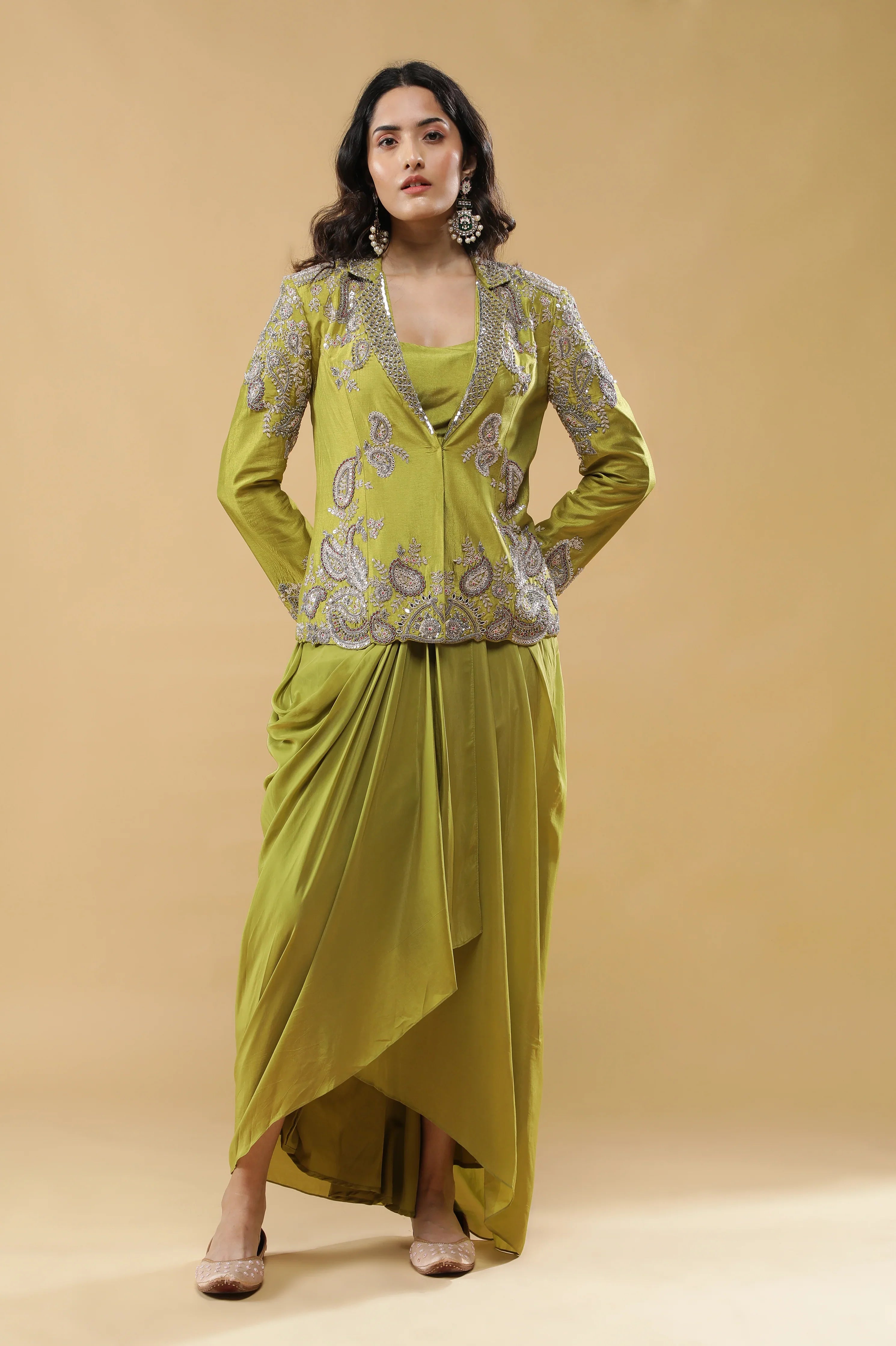 Lime Green Silk Indo-Western Blazer Set | Mokshaa