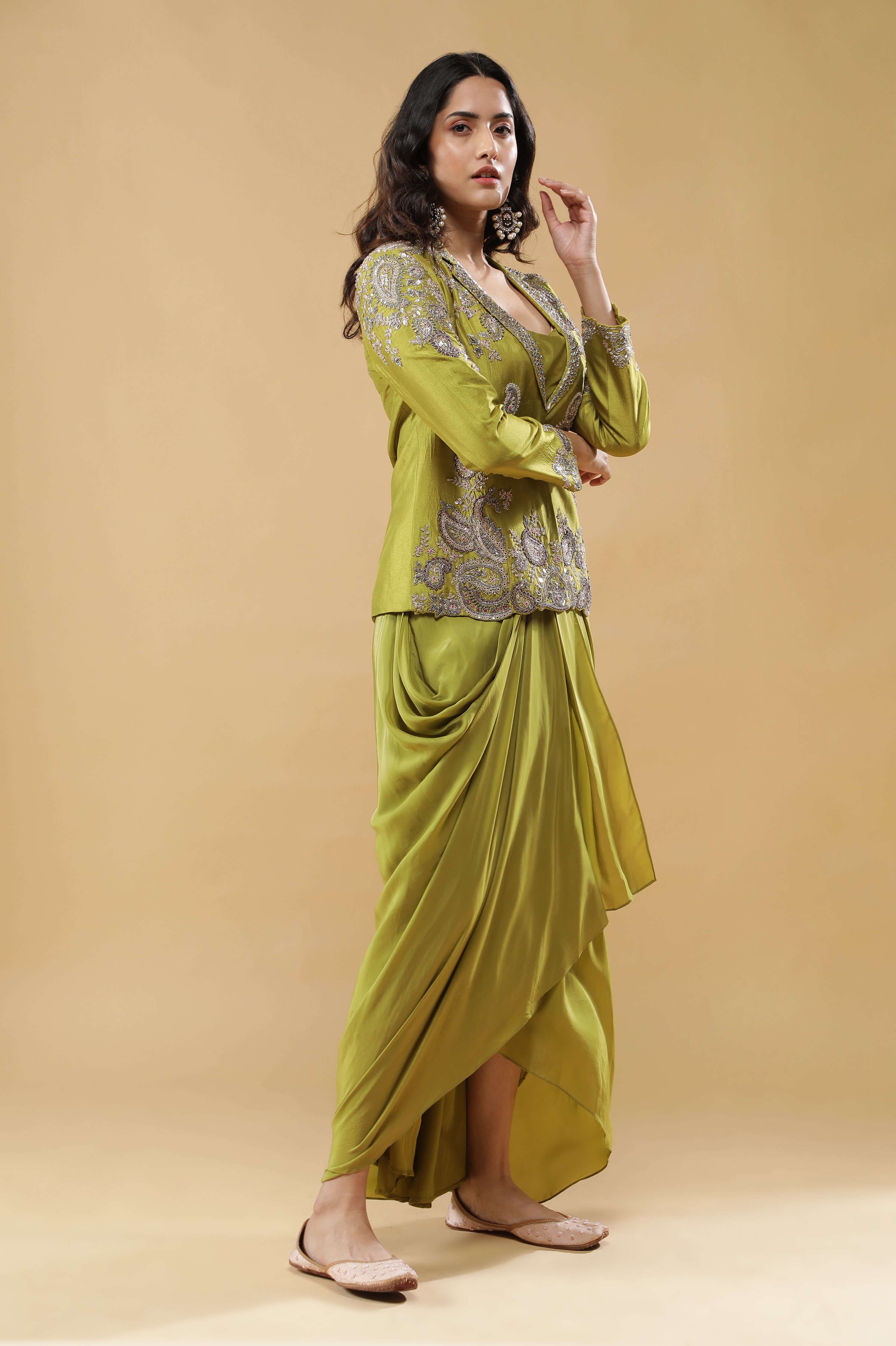 Lime Green Silk Indo-Western Blazer Set