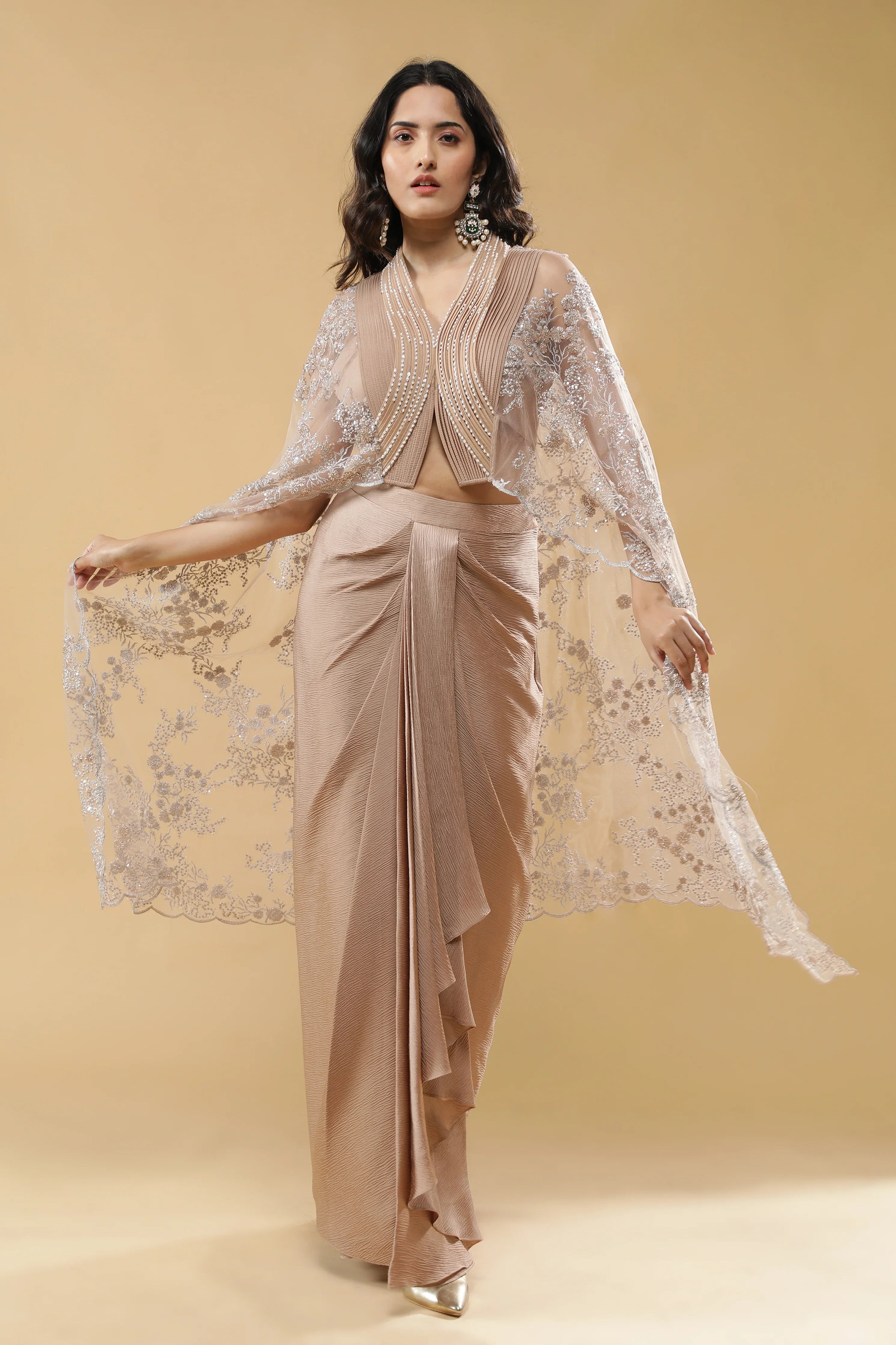 Champagne Gold Crushed Silk Skirt Set | Mokshaa