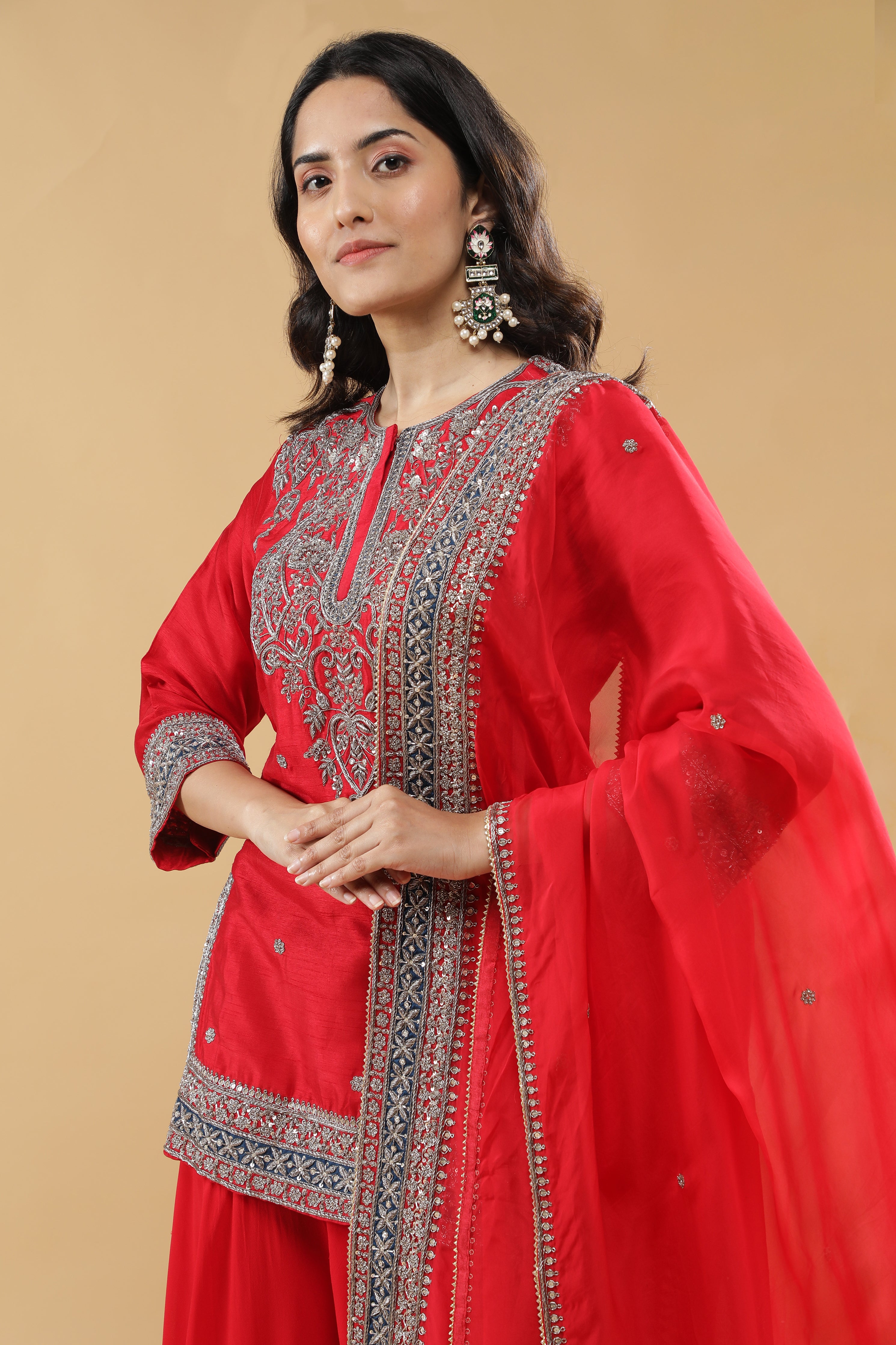 Red Raw Silk Sharara Set
