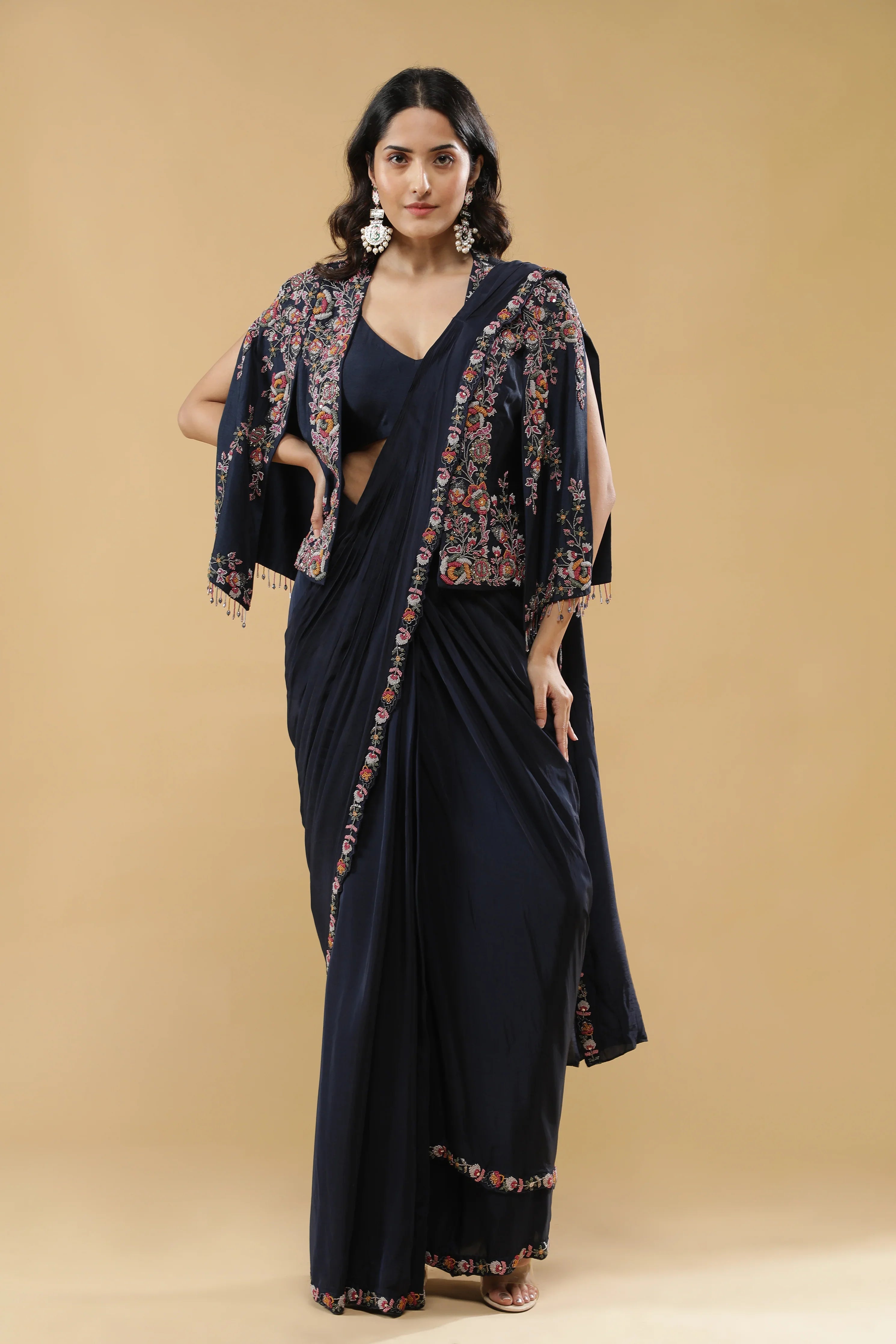 Navy Blue Lycra Drape Saree with Embroidered Silk Jacket | Mokshaa