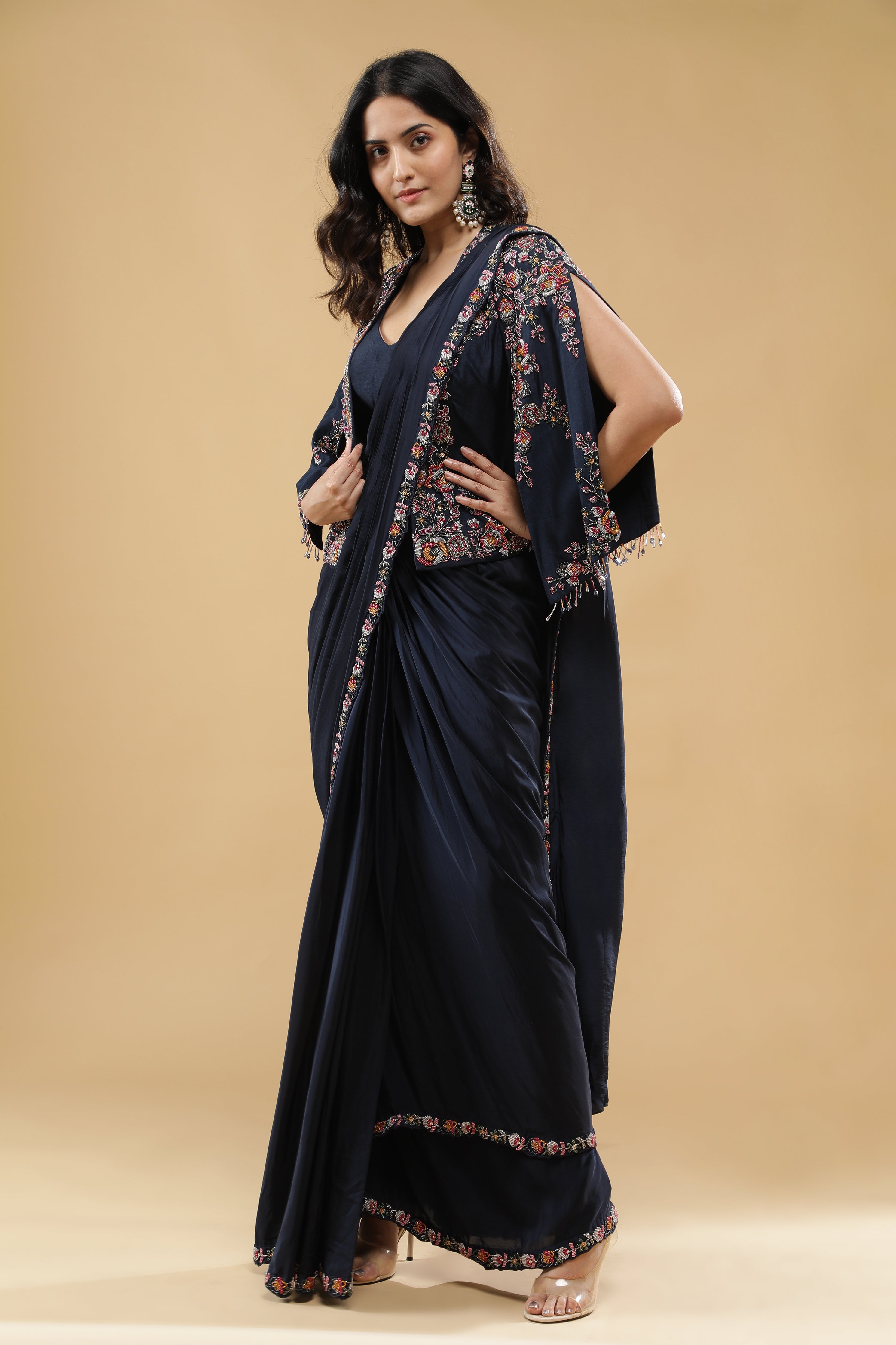 Navy Blue Lycra Drape Saree with Embroidered Silk Jacket