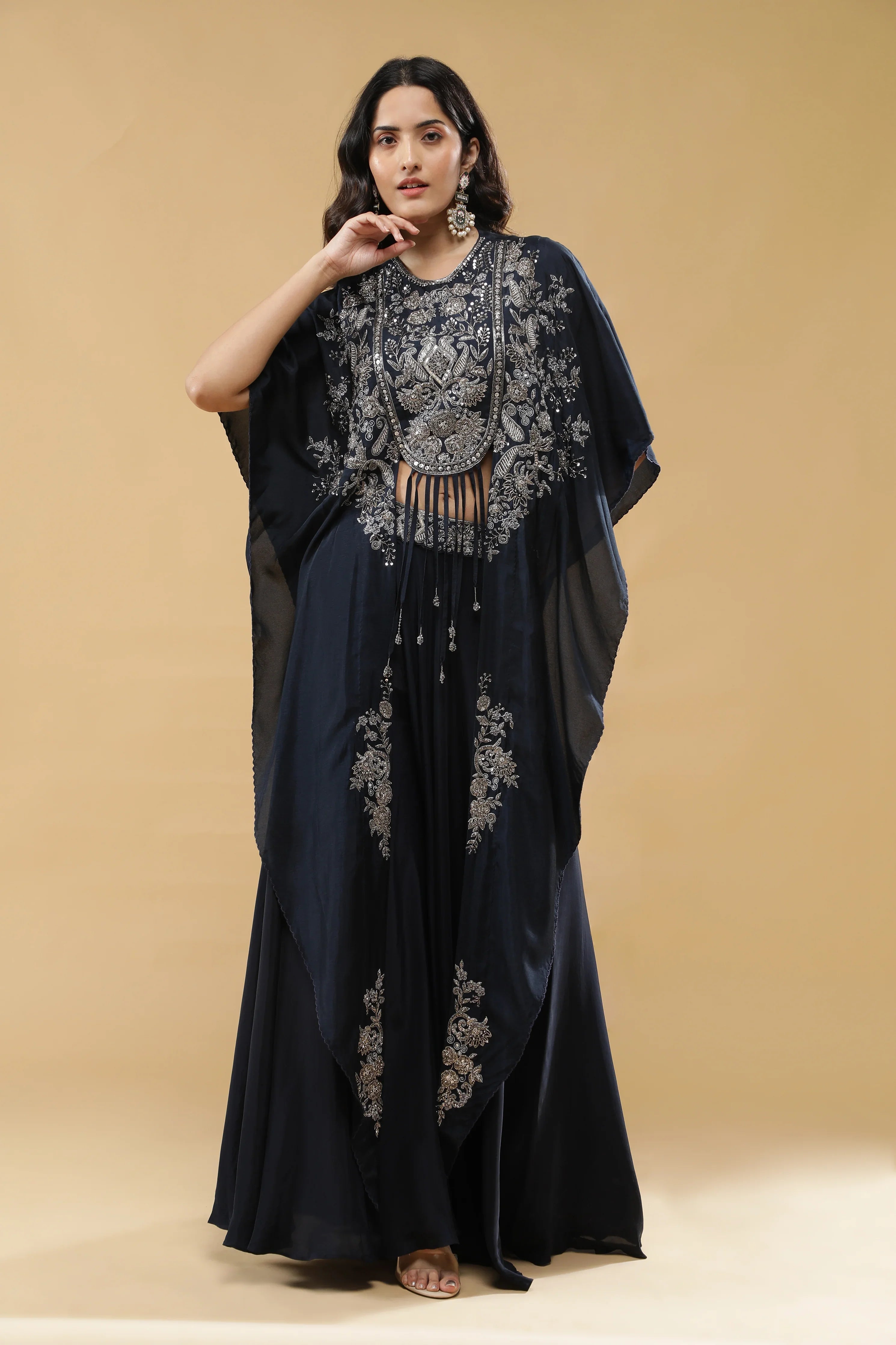 Navy Blue Crepe Silk Palazzo Set | Mokshaa