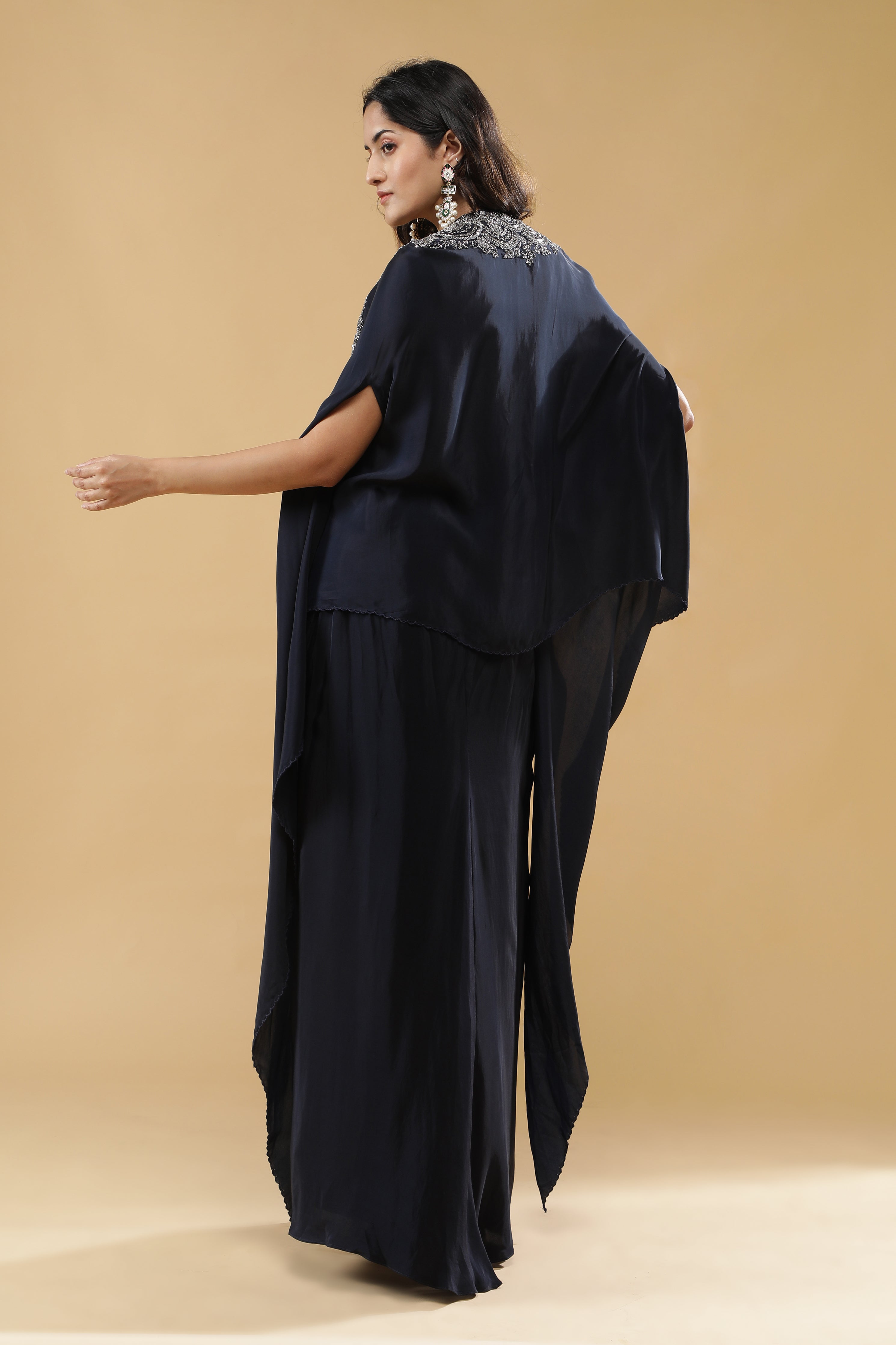 Navy Blue Crepe Silk Drape Skirt Set