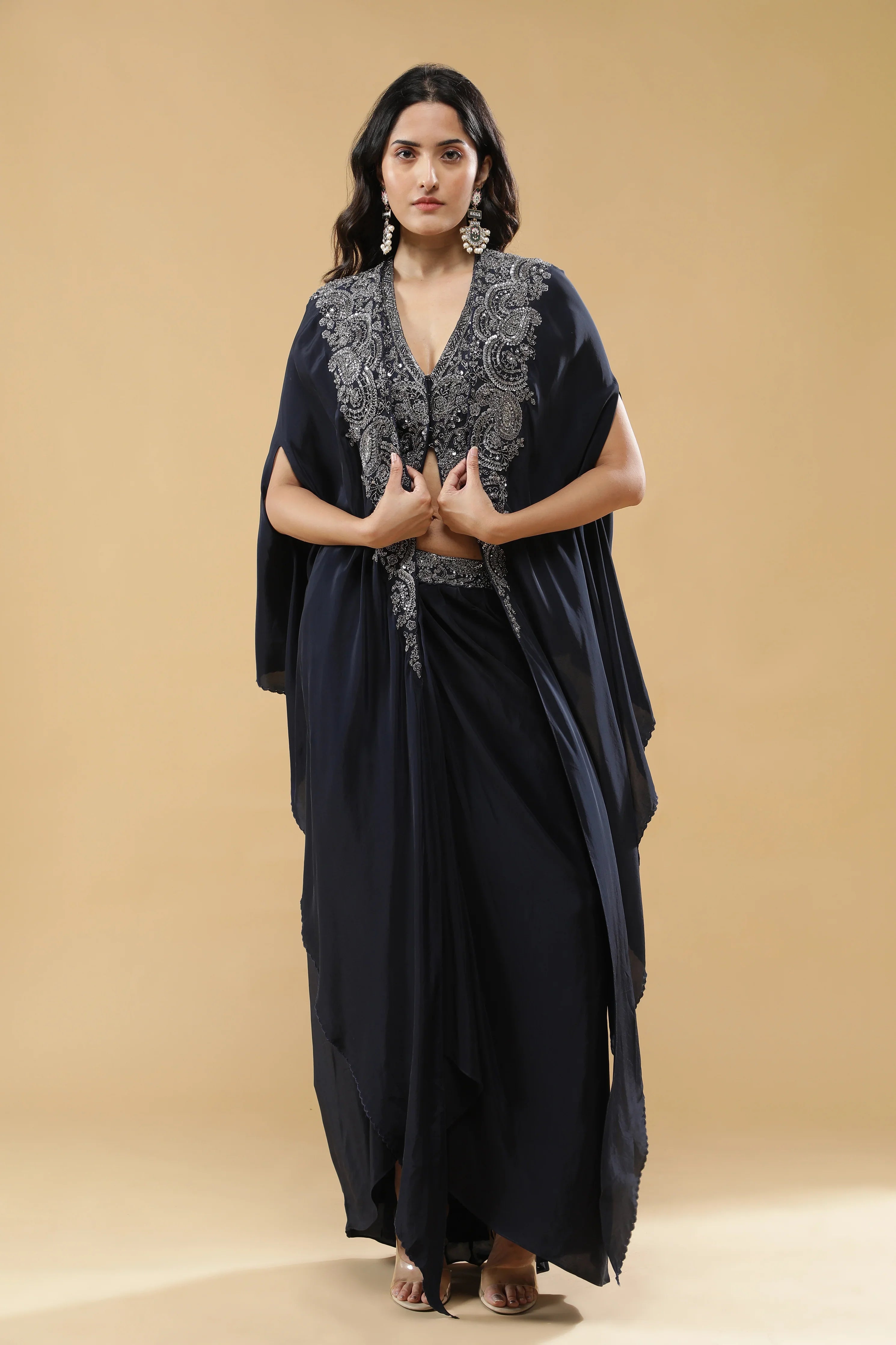 Navy Blue Crepe Silk Drape Skirt Set | Mokshaa