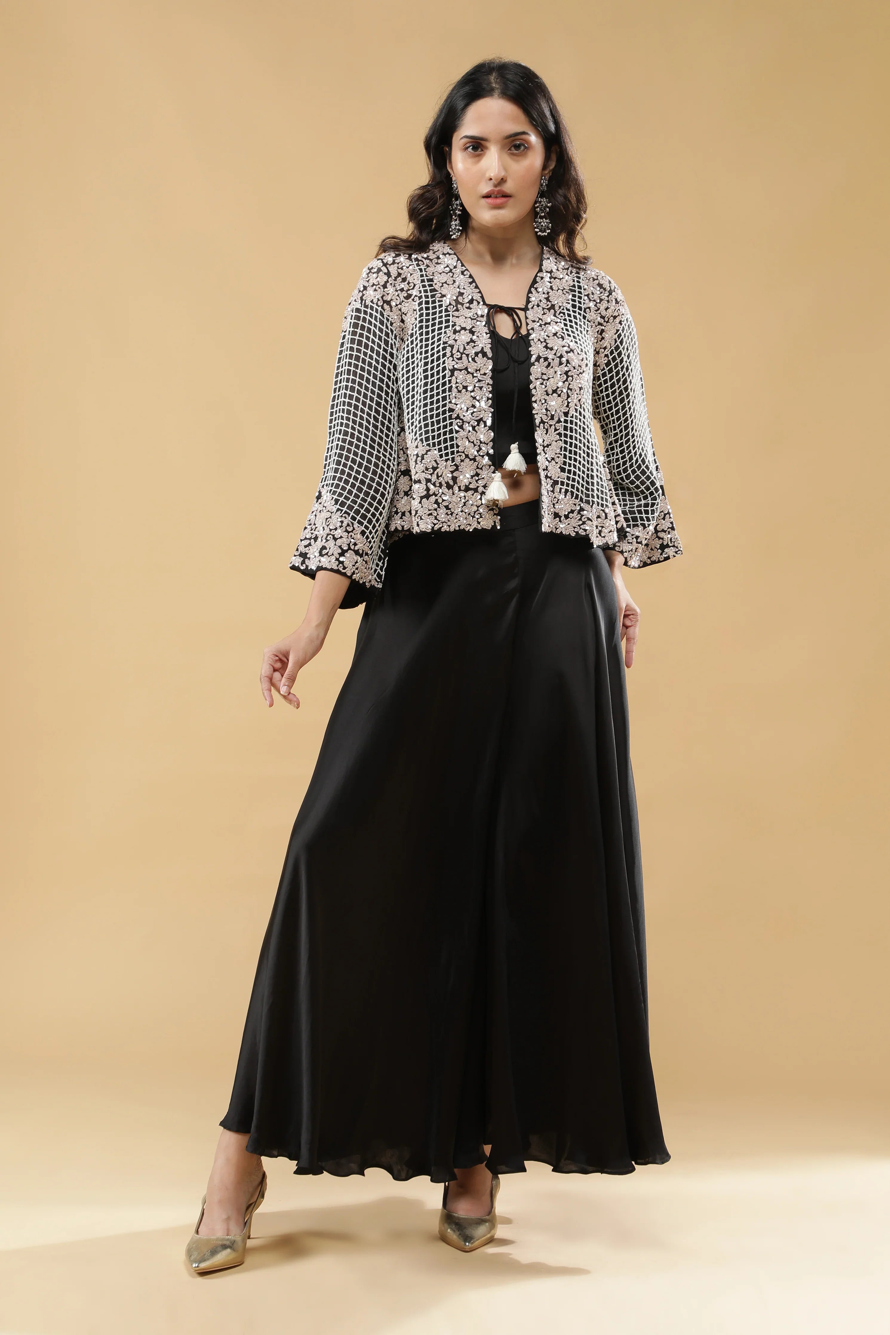 Black Satin Silk Palazzo Set | Mokshaa