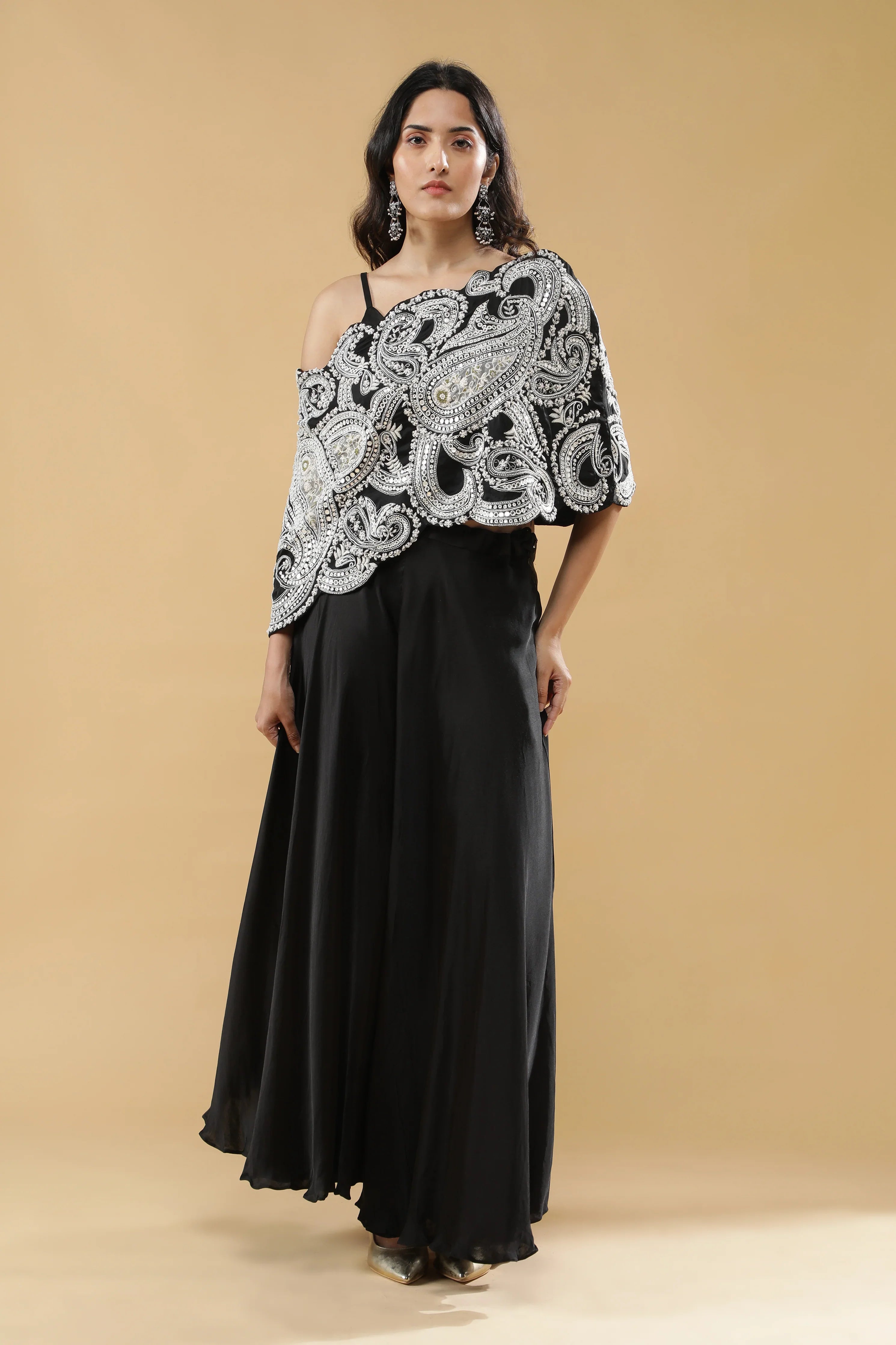 Black Satin Silk Indo-Western Set | Mokshaa