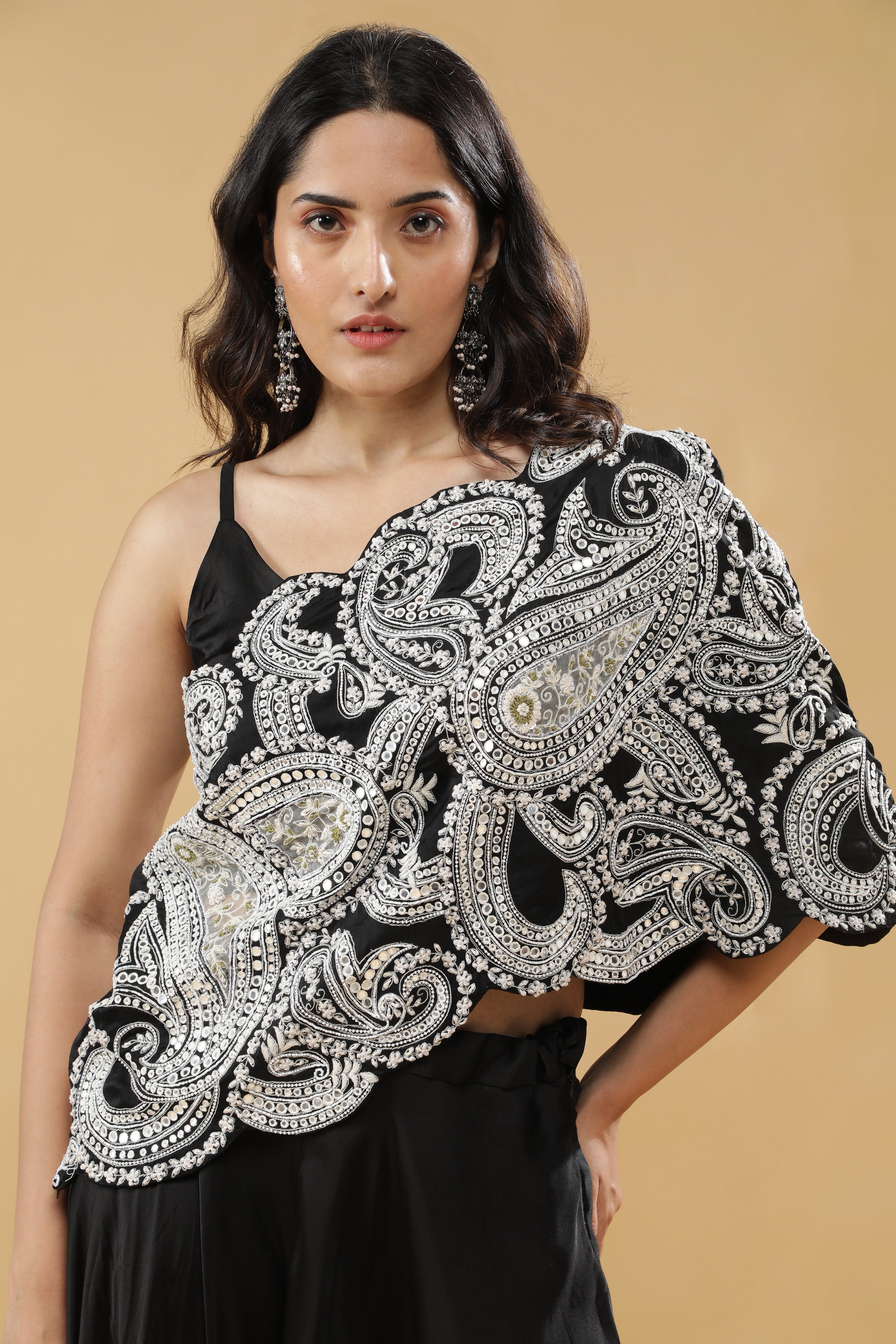 Black Satin Silk Indo-Western Set
