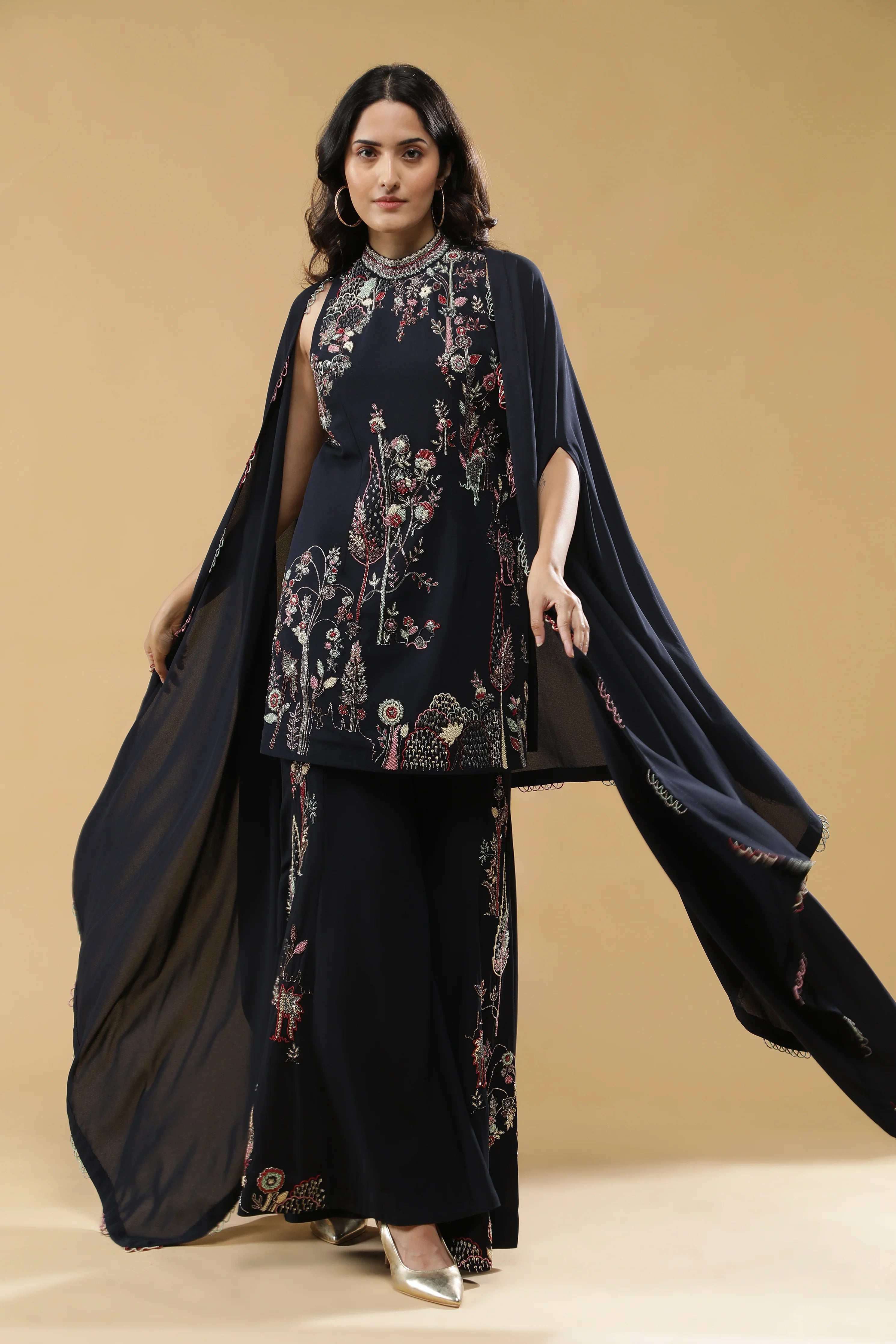 Navy Blue Georgette Sharara Set | Mokshaa