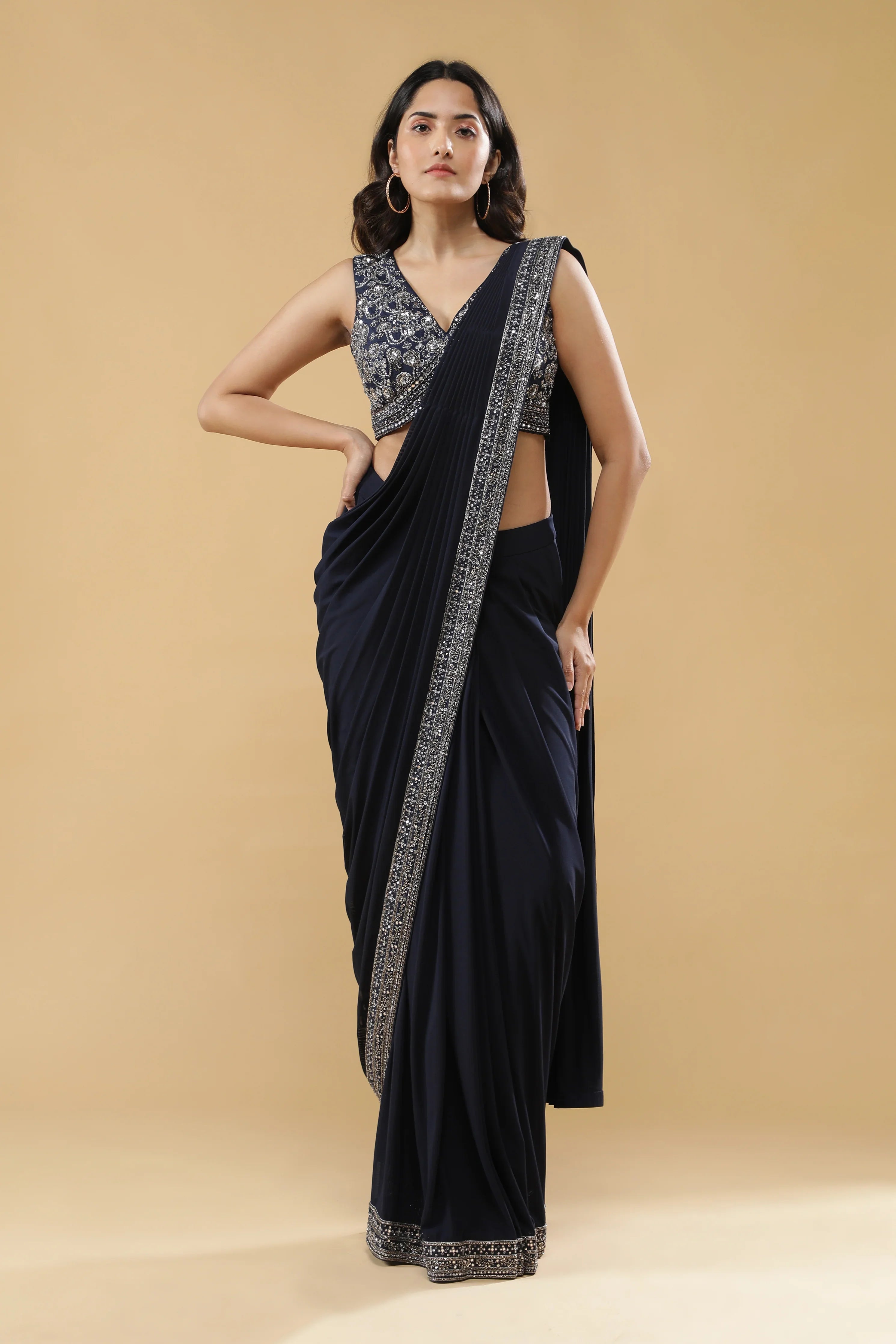 Navy Blue Drape Saree with Embroidered Silk Blouse | Mokshaa