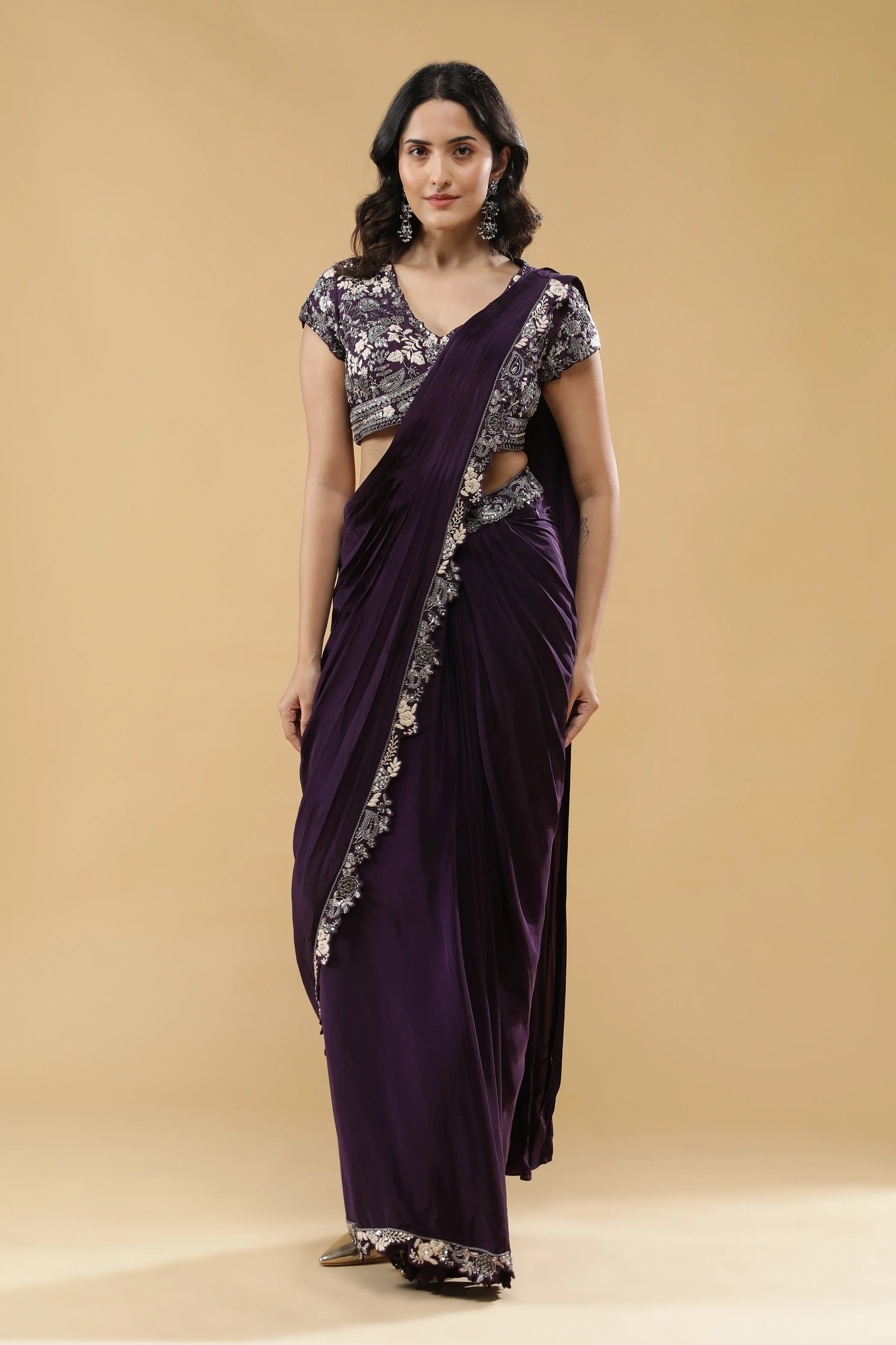 Purple Crepe Silk Drape Saree | Mokshaa