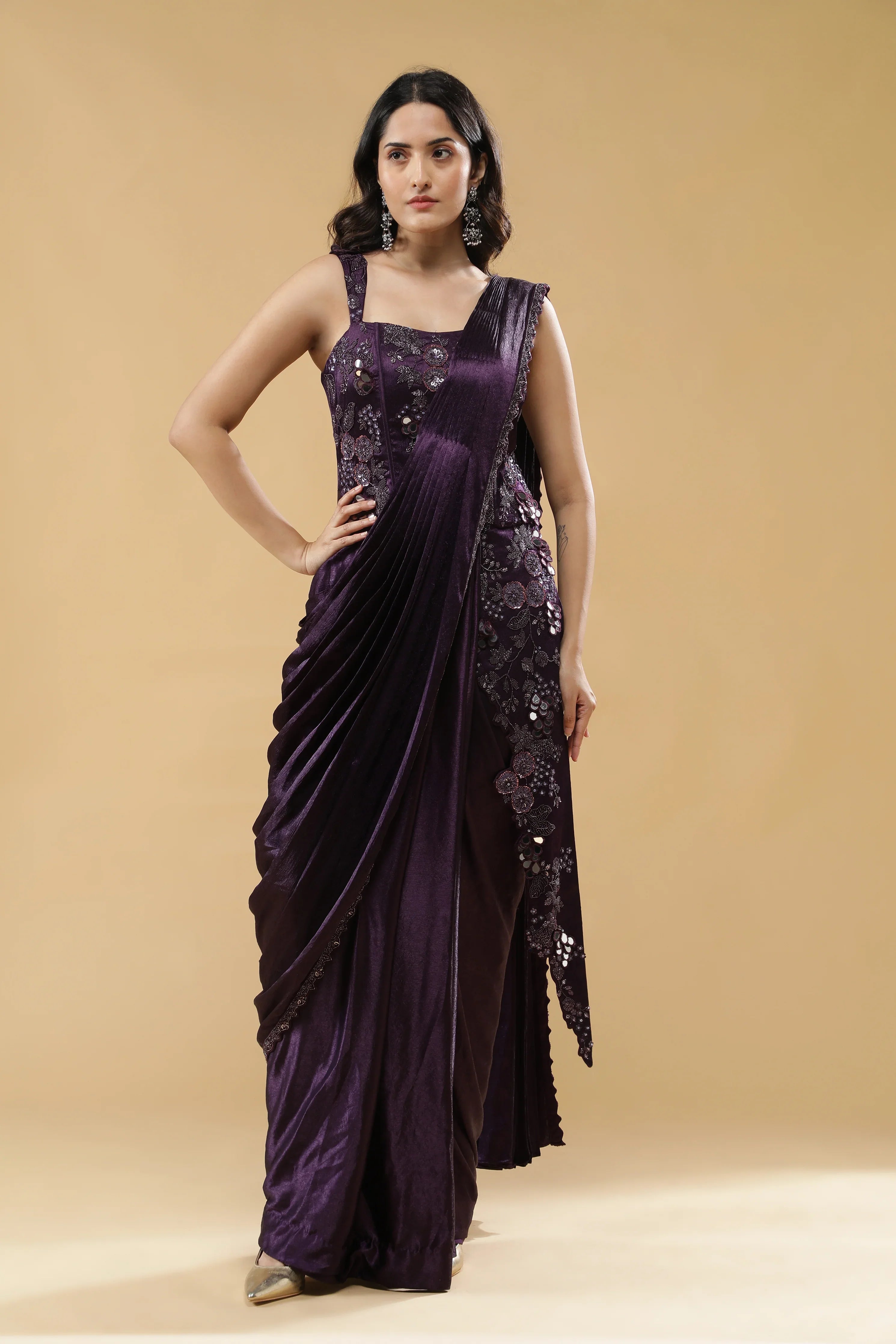 Deep Purple Silk Corset Gown with Embroidered Drape | Mokshaa
