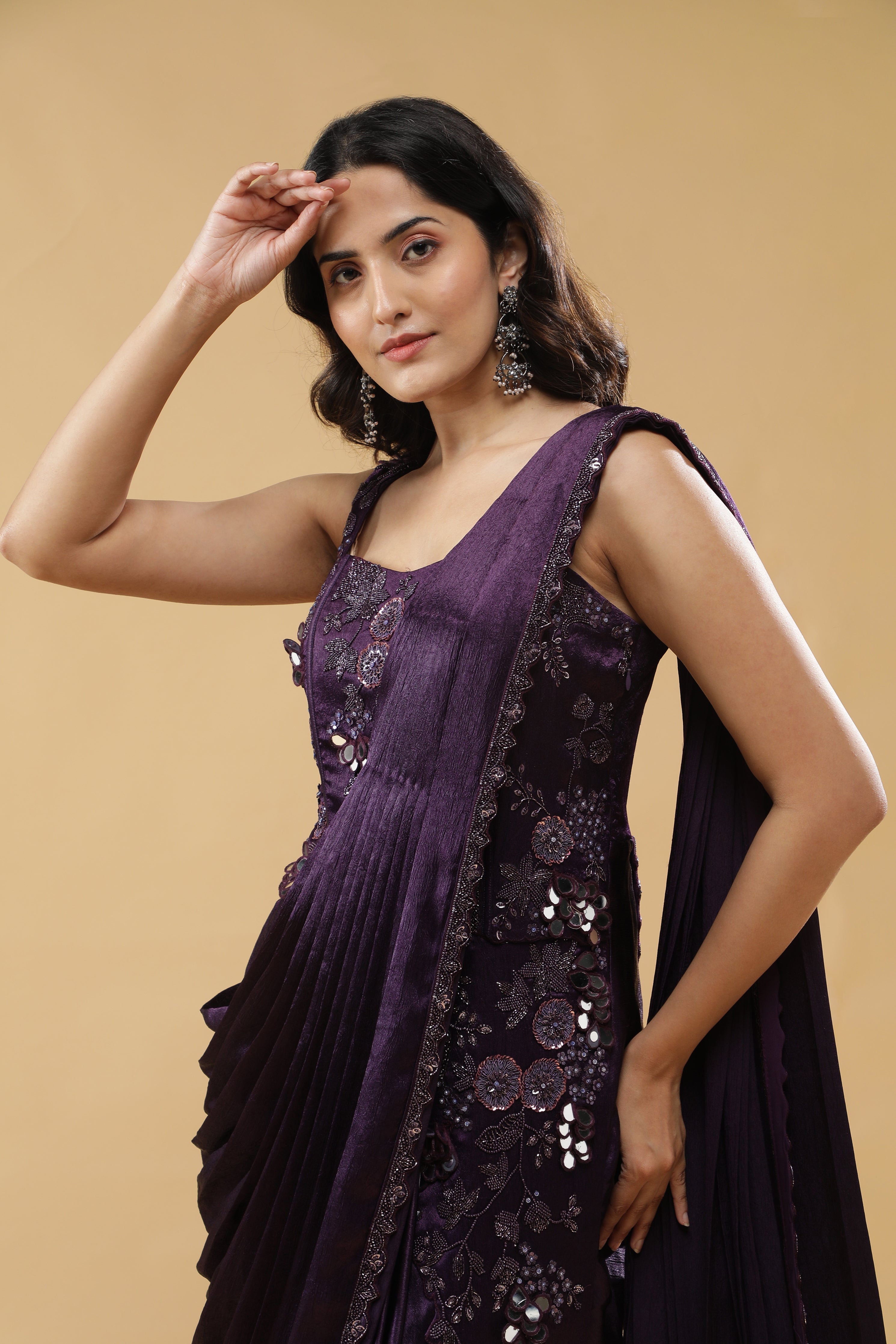Deep Purple Silk Corset Gown with Embroidered Drape