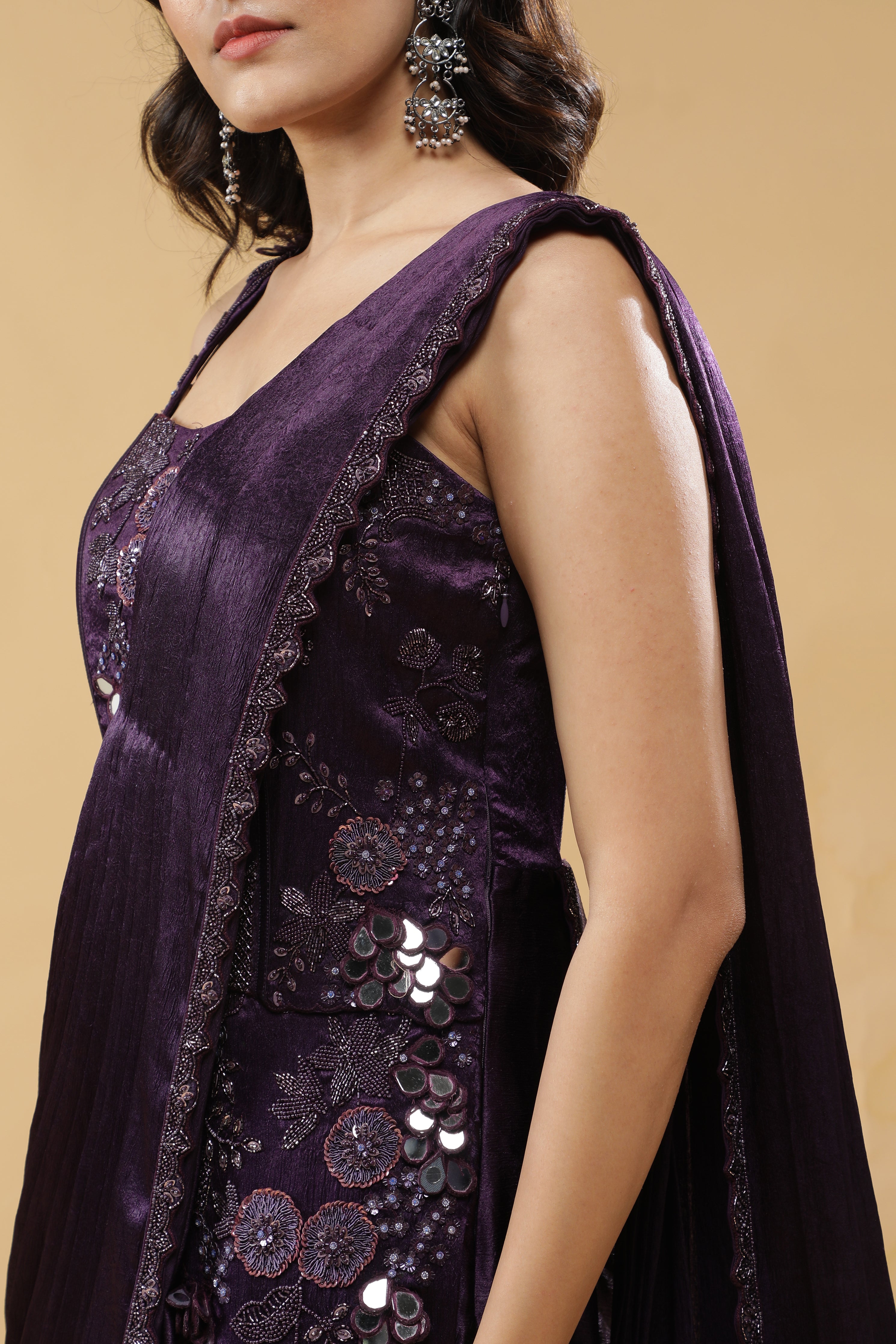 Deep Purple Silk Corset Gown with Embroidered Drape