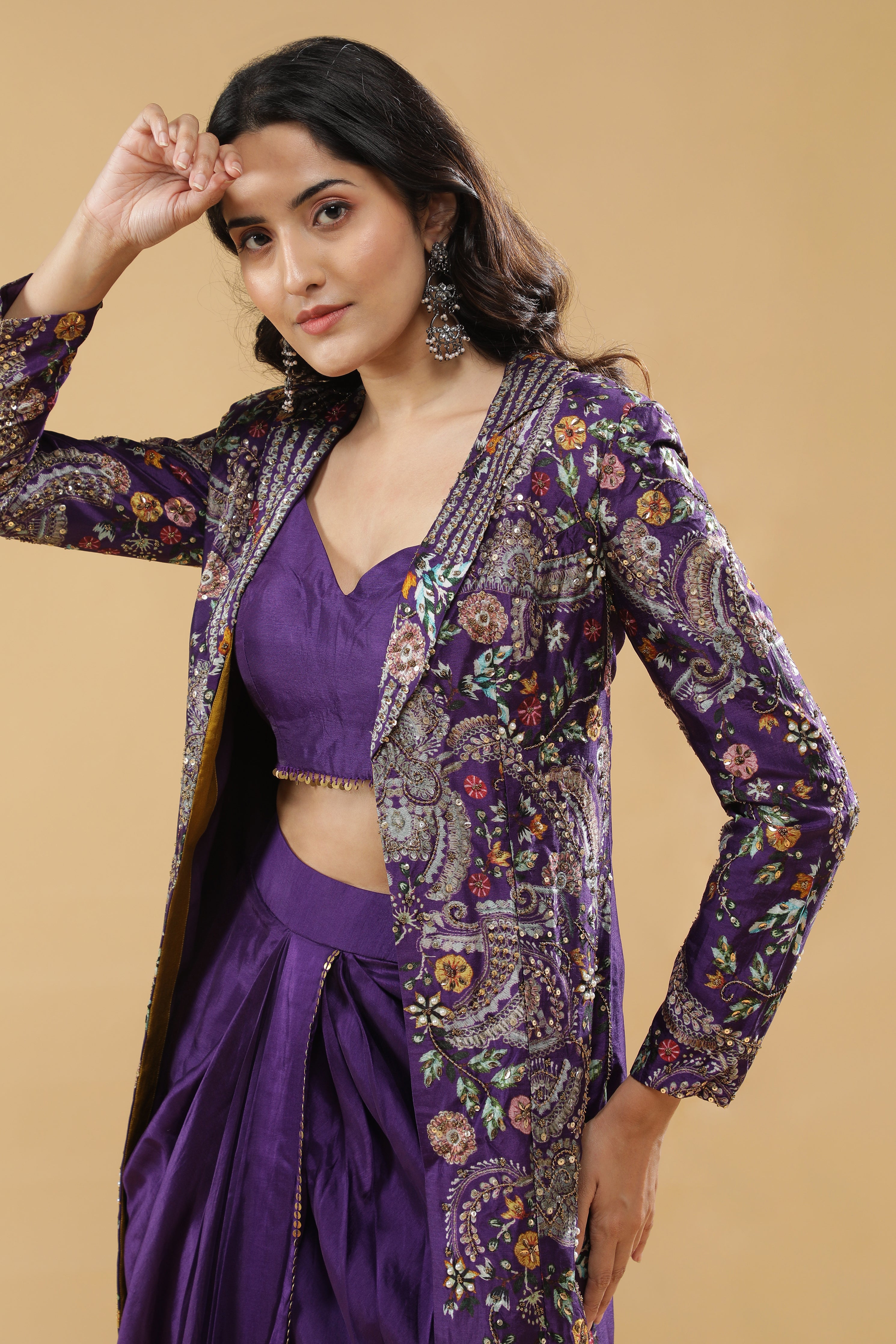 Purple Silk Drape Skirt Set