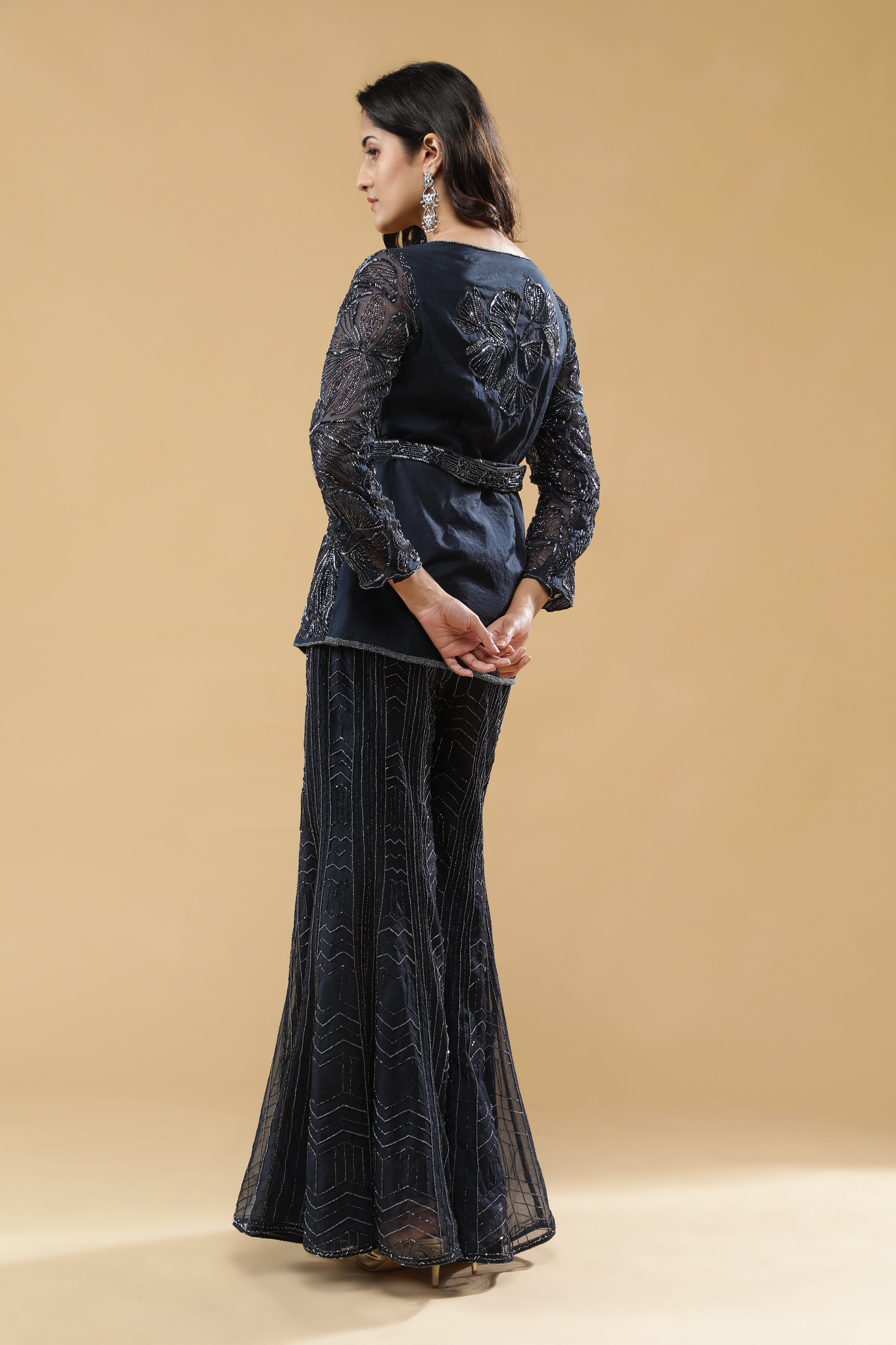 Navy Blue Organza Embroidered Top & Pants Set with Belt
