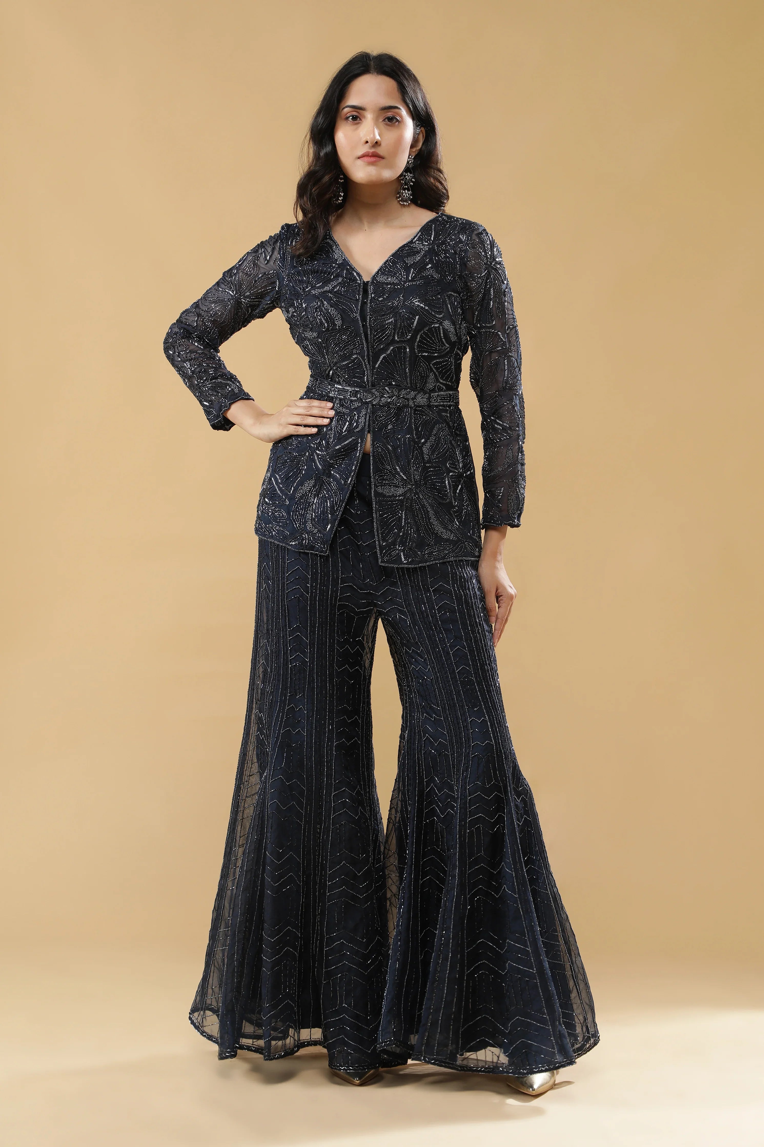 Navy Blue Organza Embroidered Top & Pants Set with Belt | Mokshaa