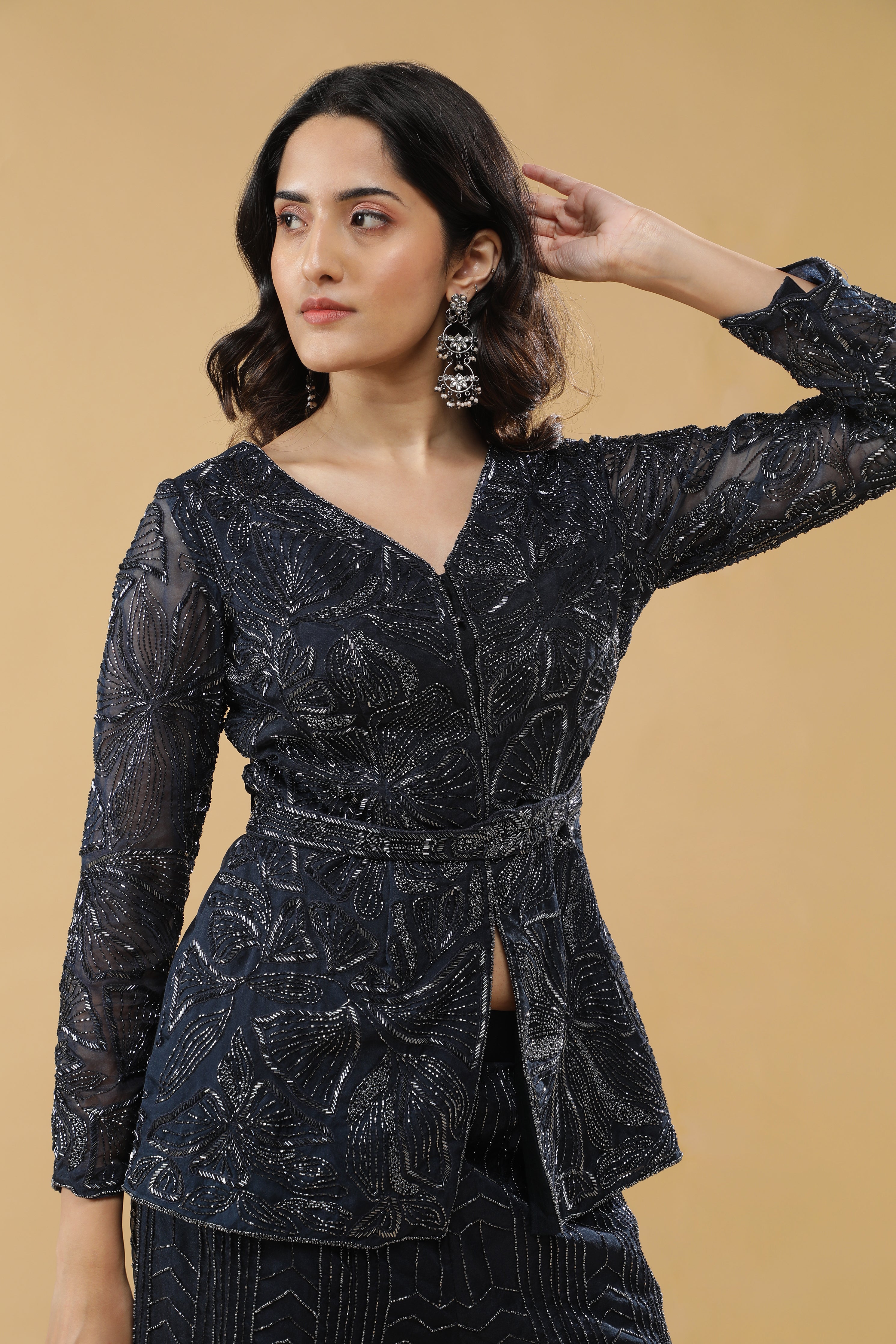 Navy Blue Organza Embroidered Top & Pants Set with Belt