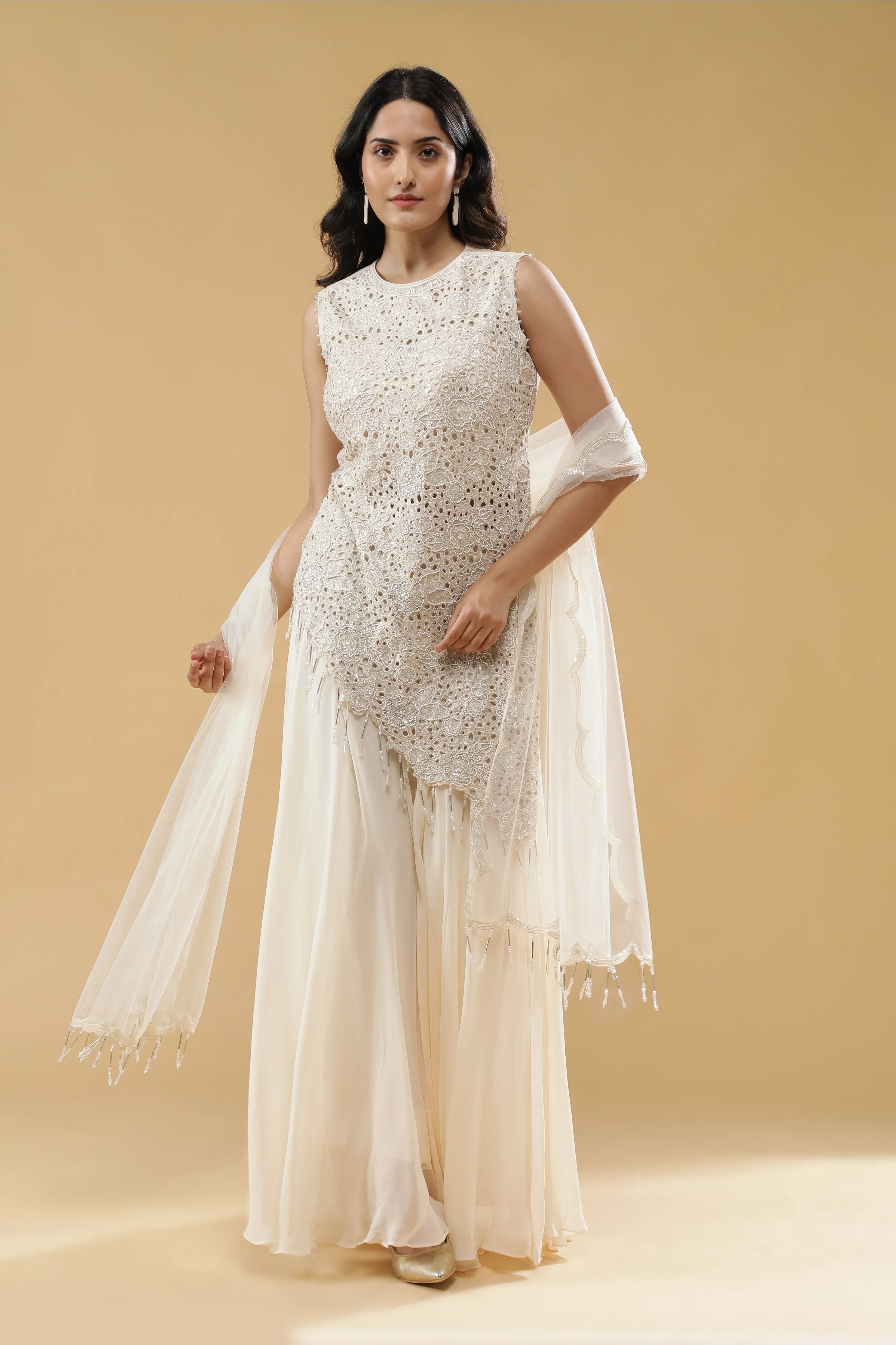 Cream Georgette Palazzo Set | Mokshaa