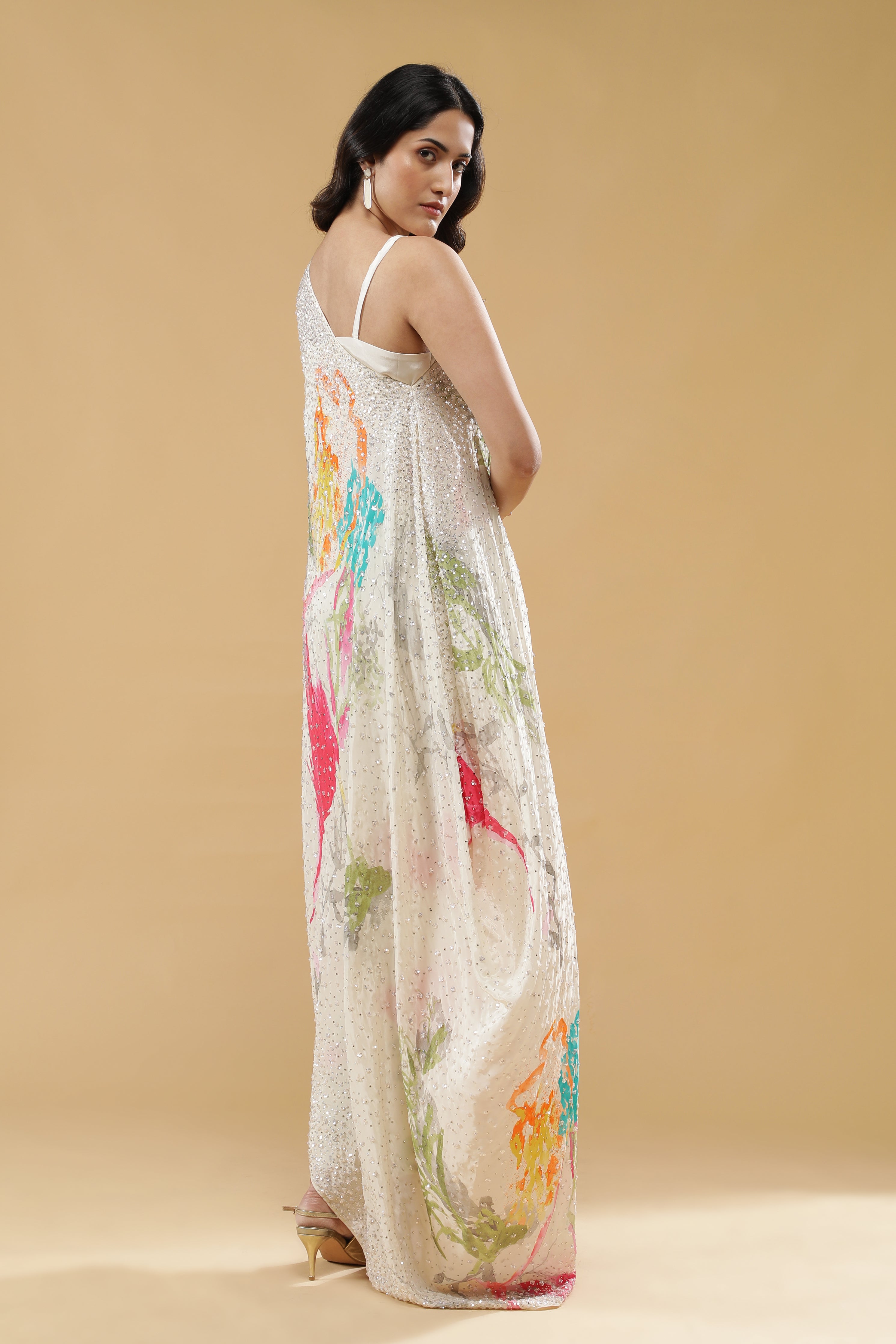 Cream Multi-Colour Printed Crepe Indo-Western Set