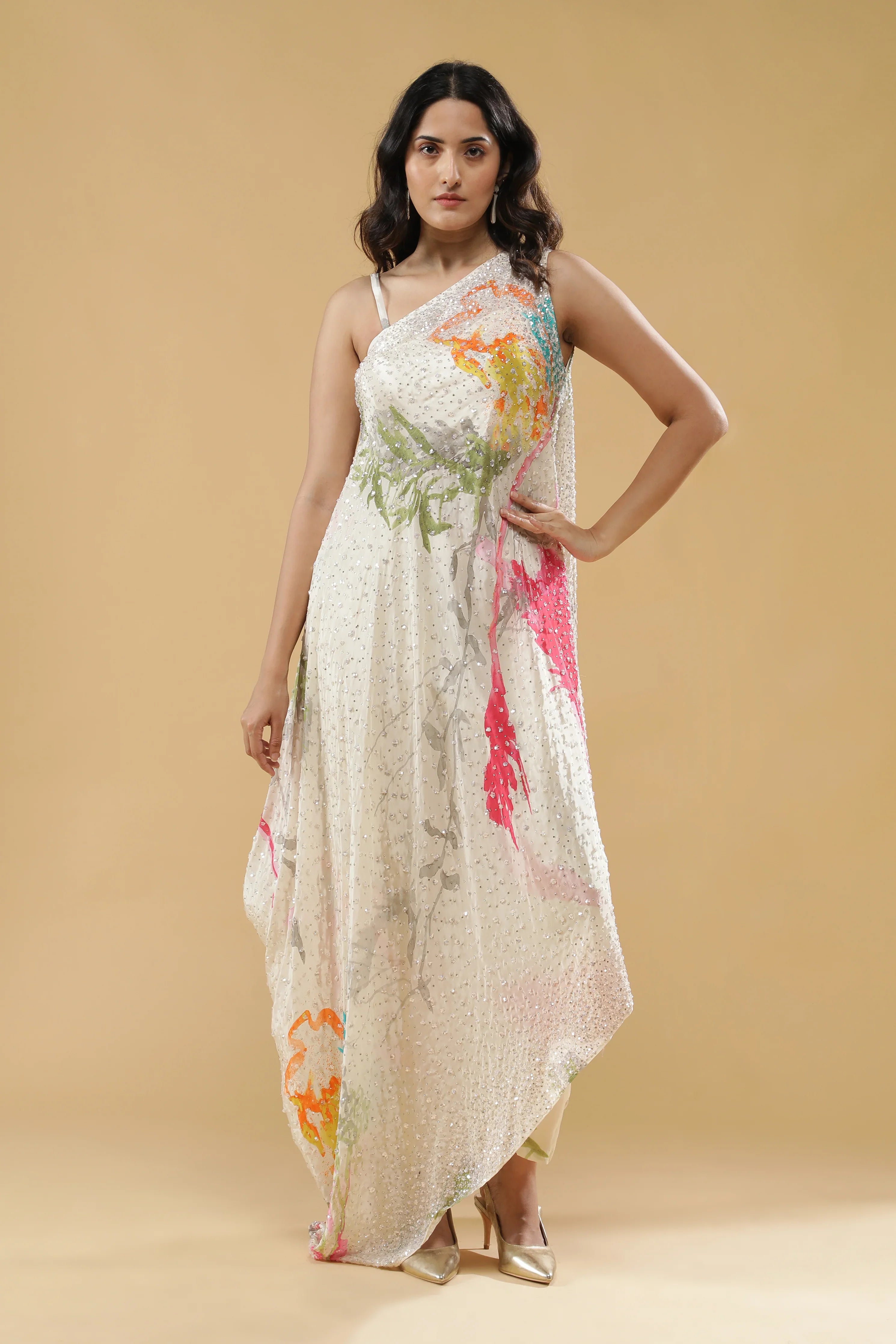 Cream Multi-Colour Printed Crepe Indo-Western Set | Mokshaa