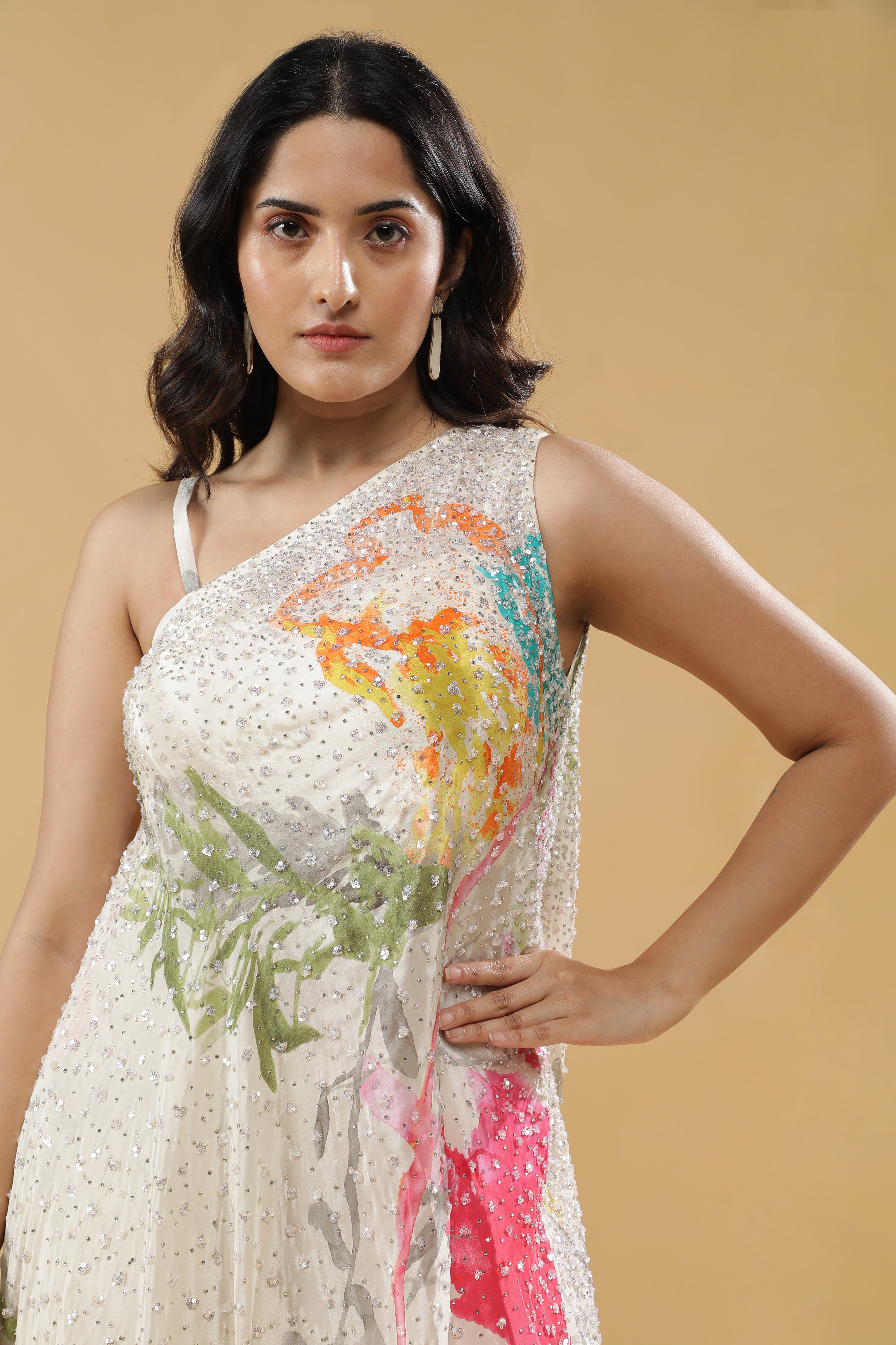 Cream Multi-Colour Printed Crepe Indo-Western Set