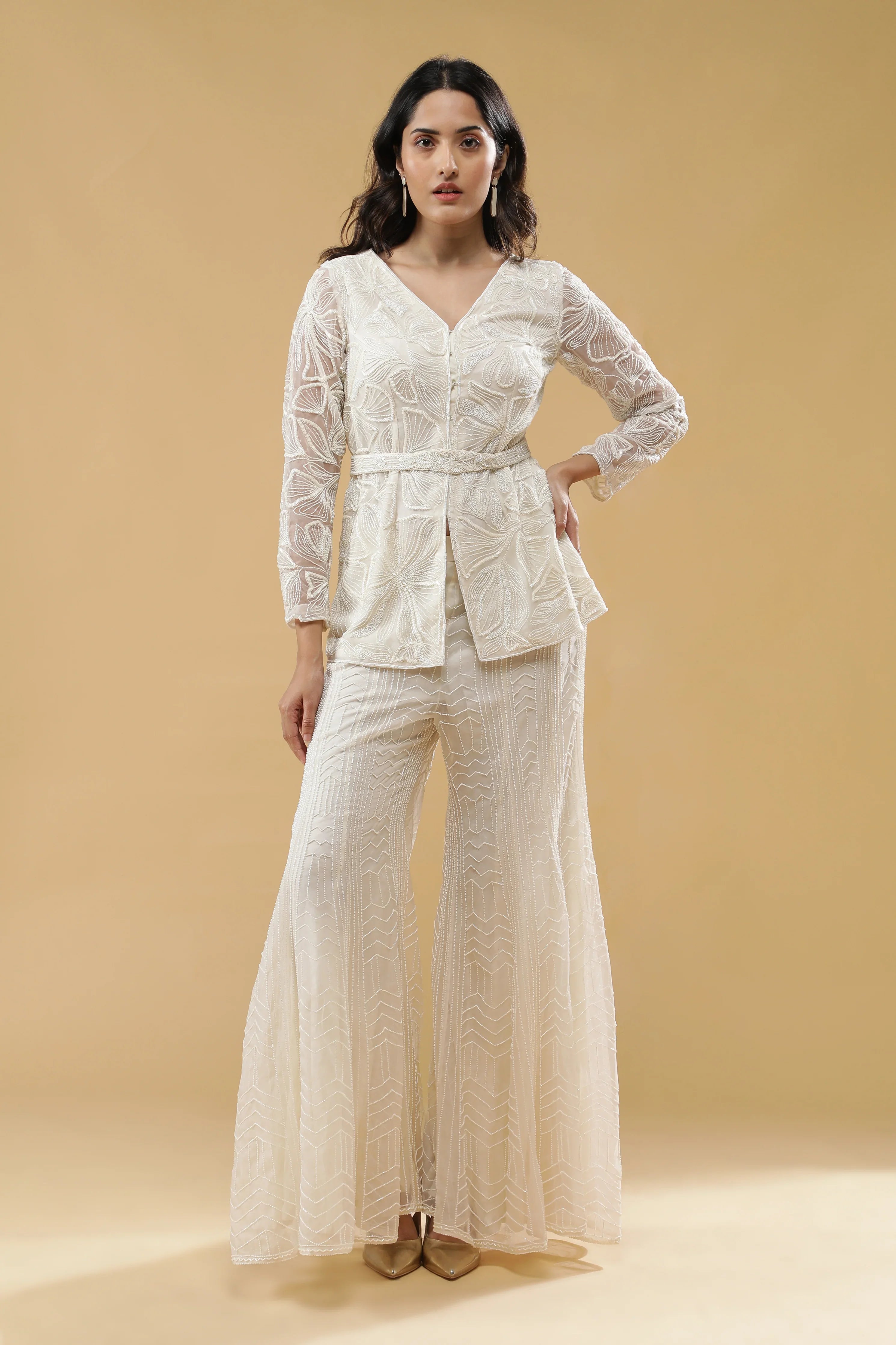 Off White Organza Embroidered Co-ord Set | Mokshaa