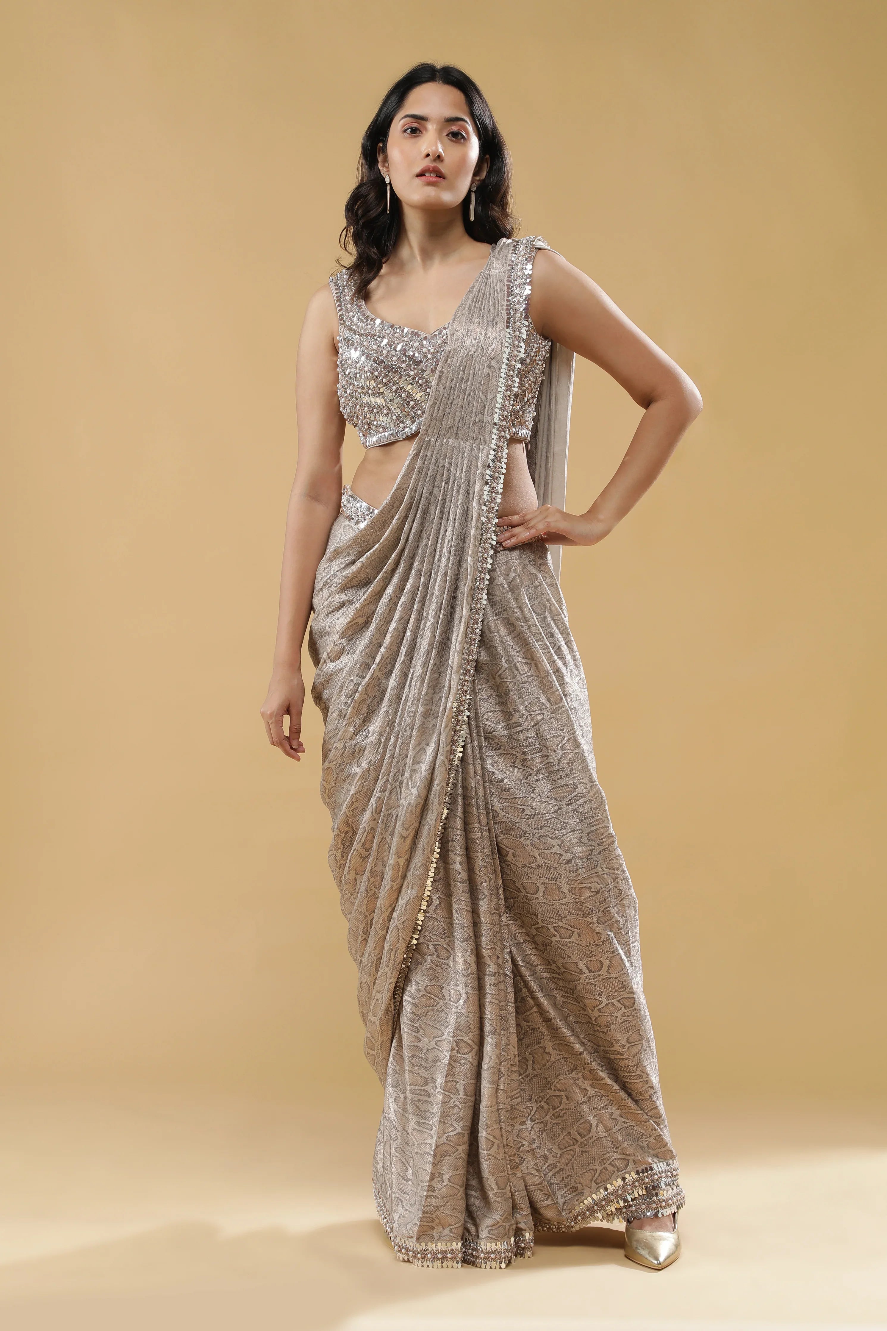 Champagne Printed Drape Saree | Mokshaa