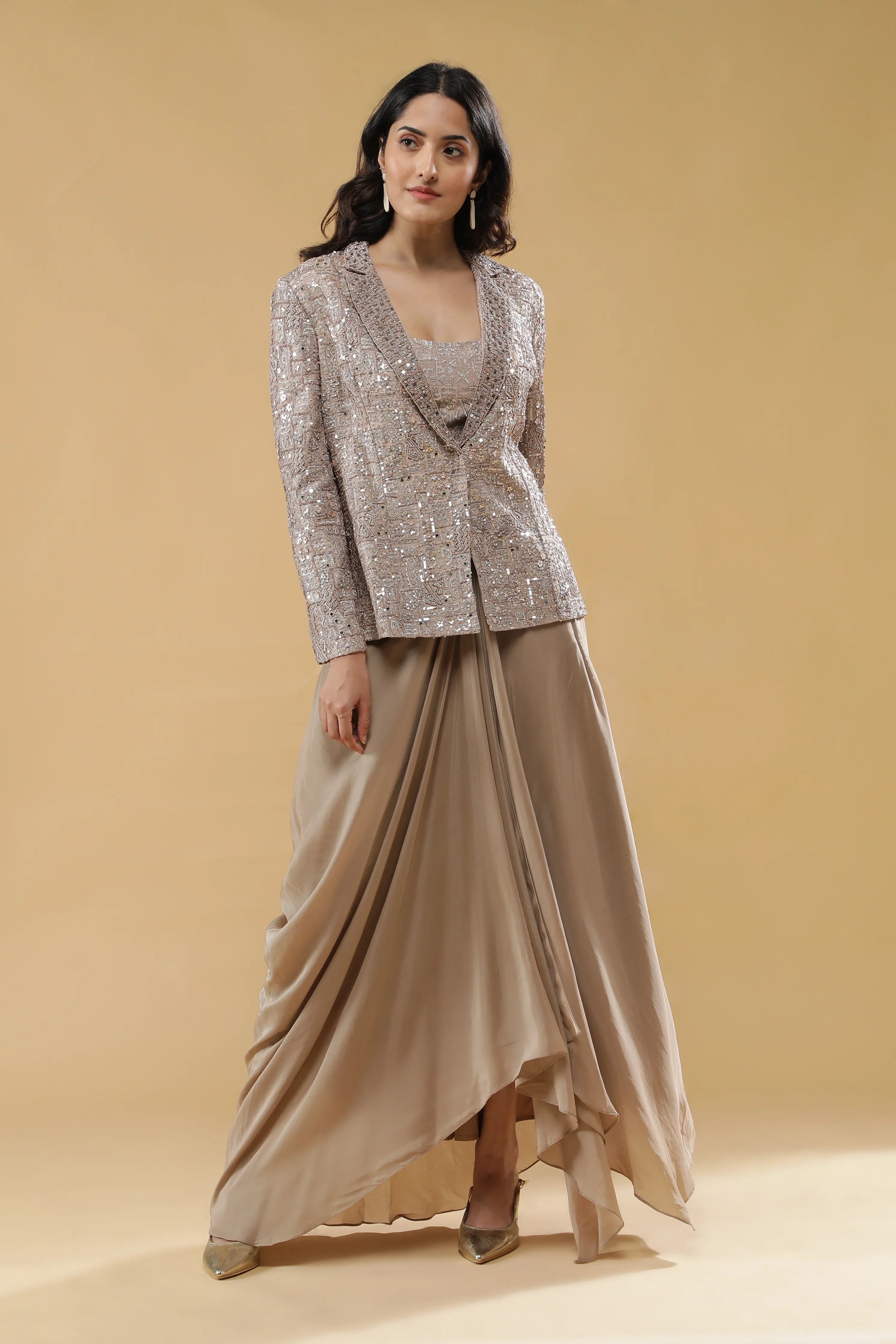 Champagne Gold Chinon Drape Skirt Set | Mokshaa