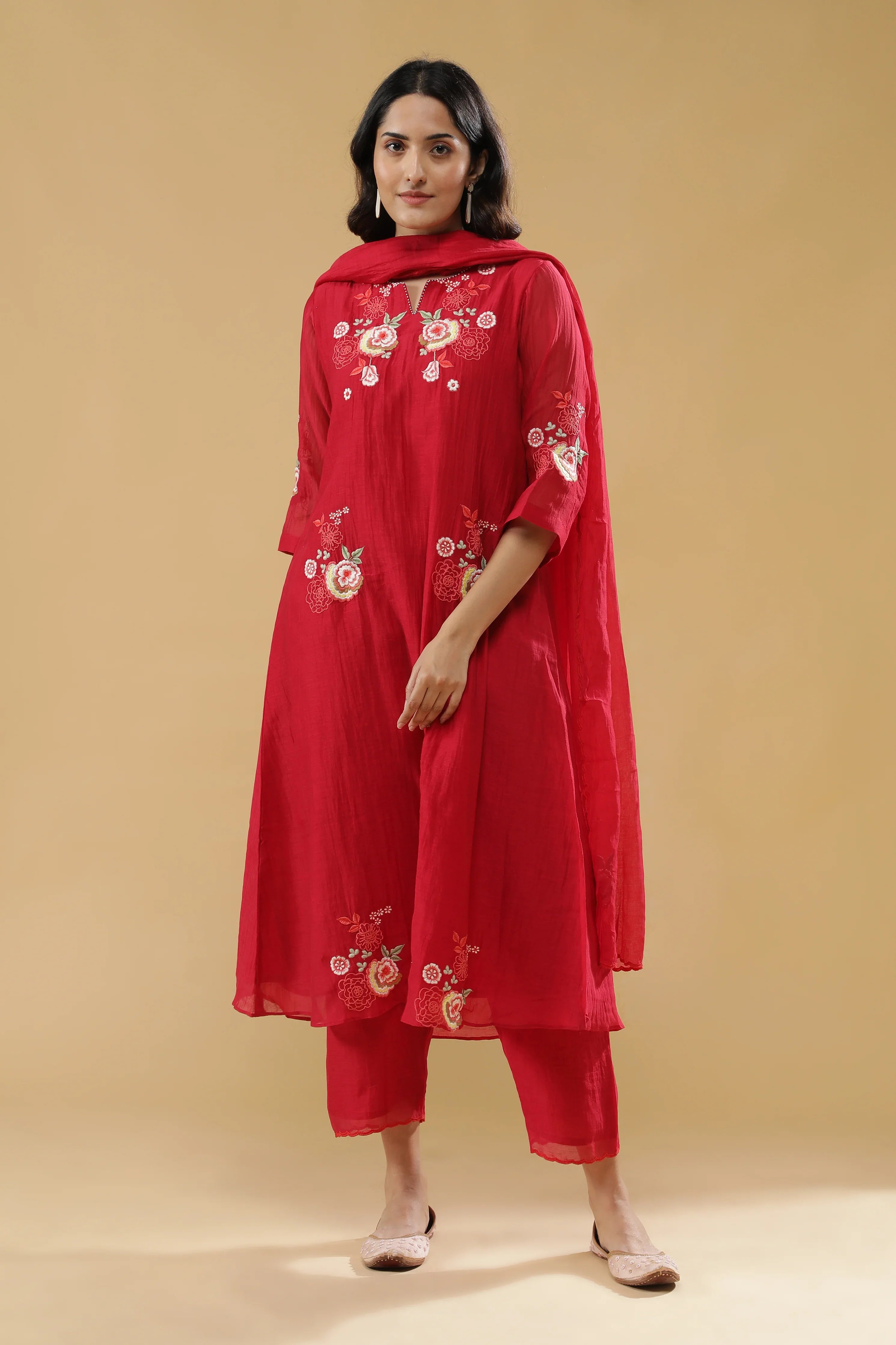 Red Chanderi Silk Straight-Cut Salwar Set | Mokshaa