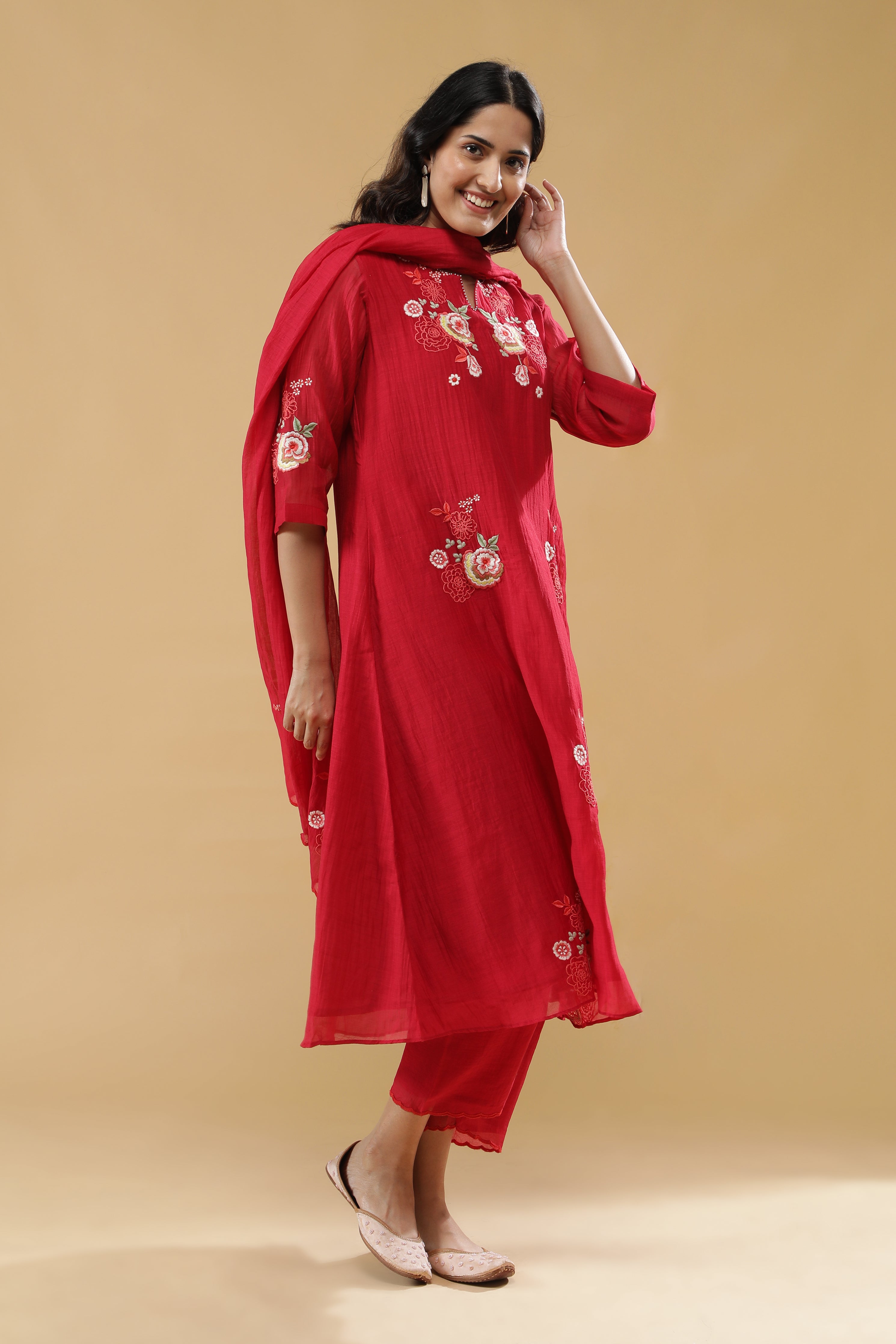 Red Chanderi Silk Straight-Cut Salwar Set