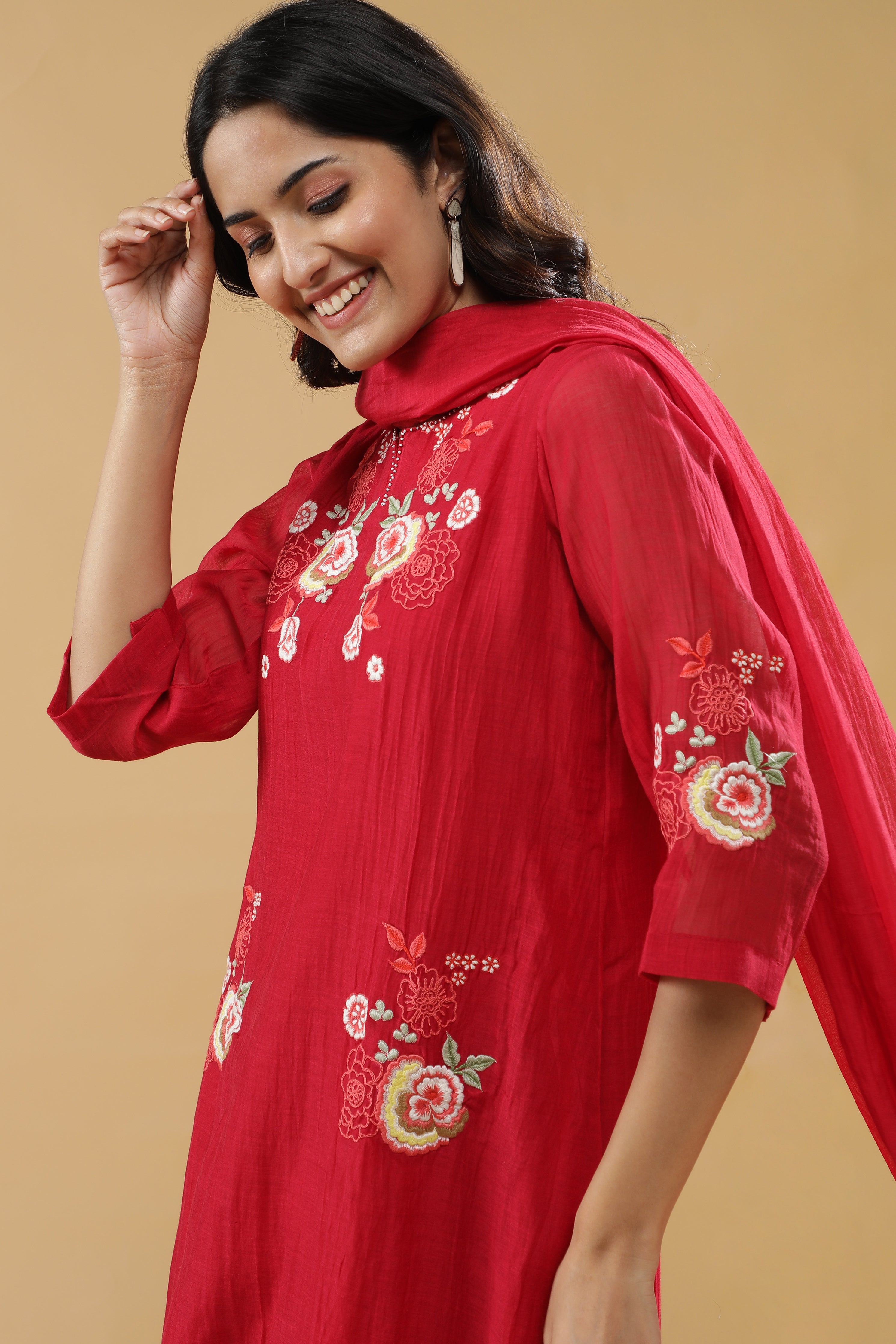 Red Chanderi Silk Straight-Cut Salwar Set