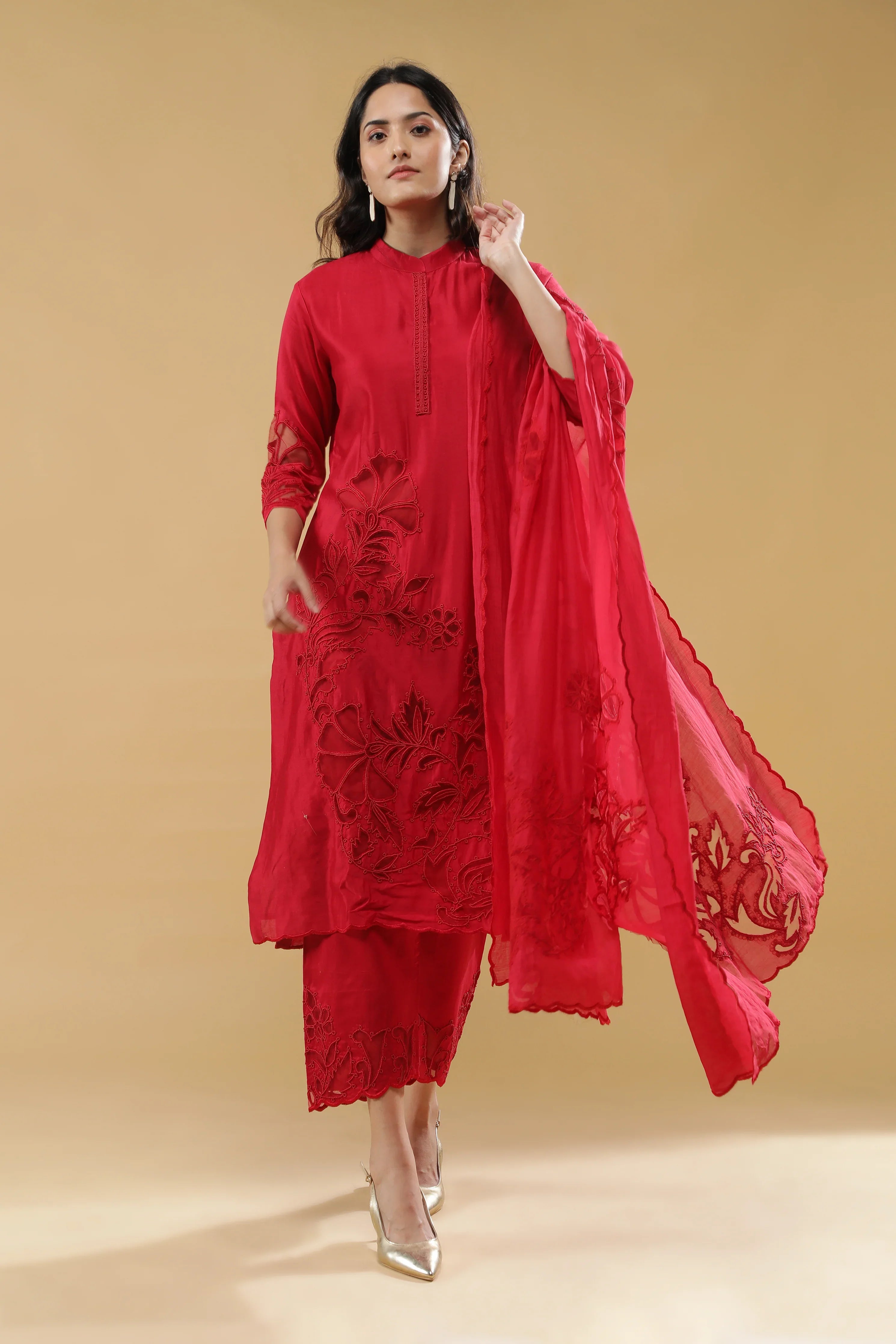 Red Chanderi Silk Salwar Set | Mokshaa