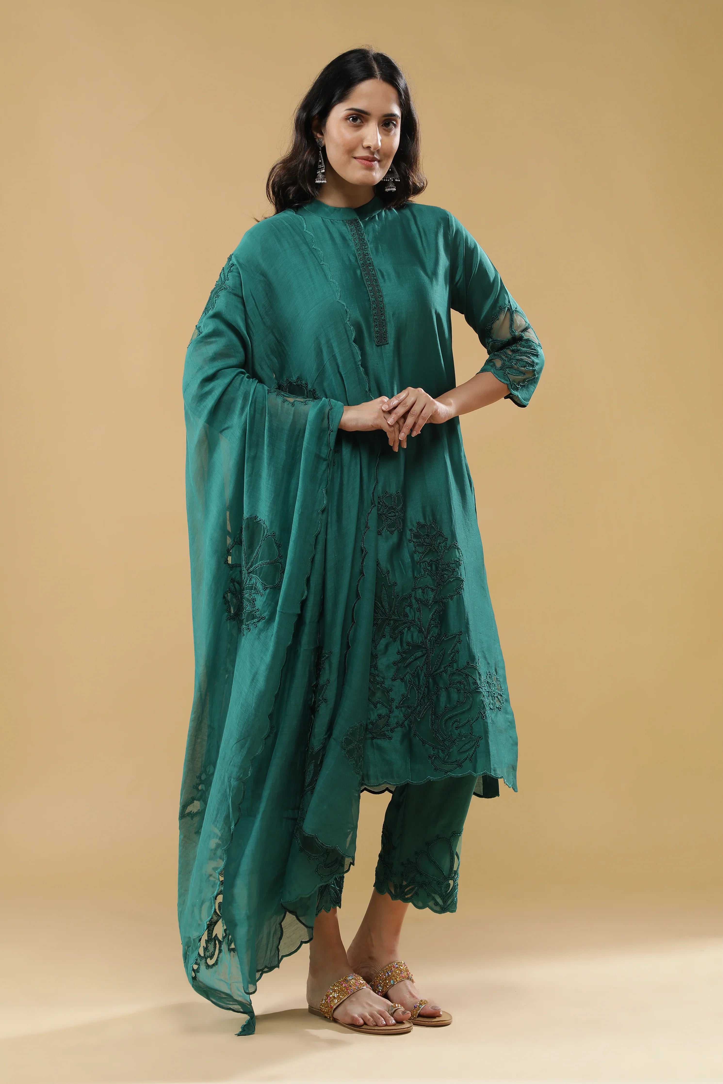 Bottle Green Chanderi Silk Straight-Cut Suit | Mokshaa