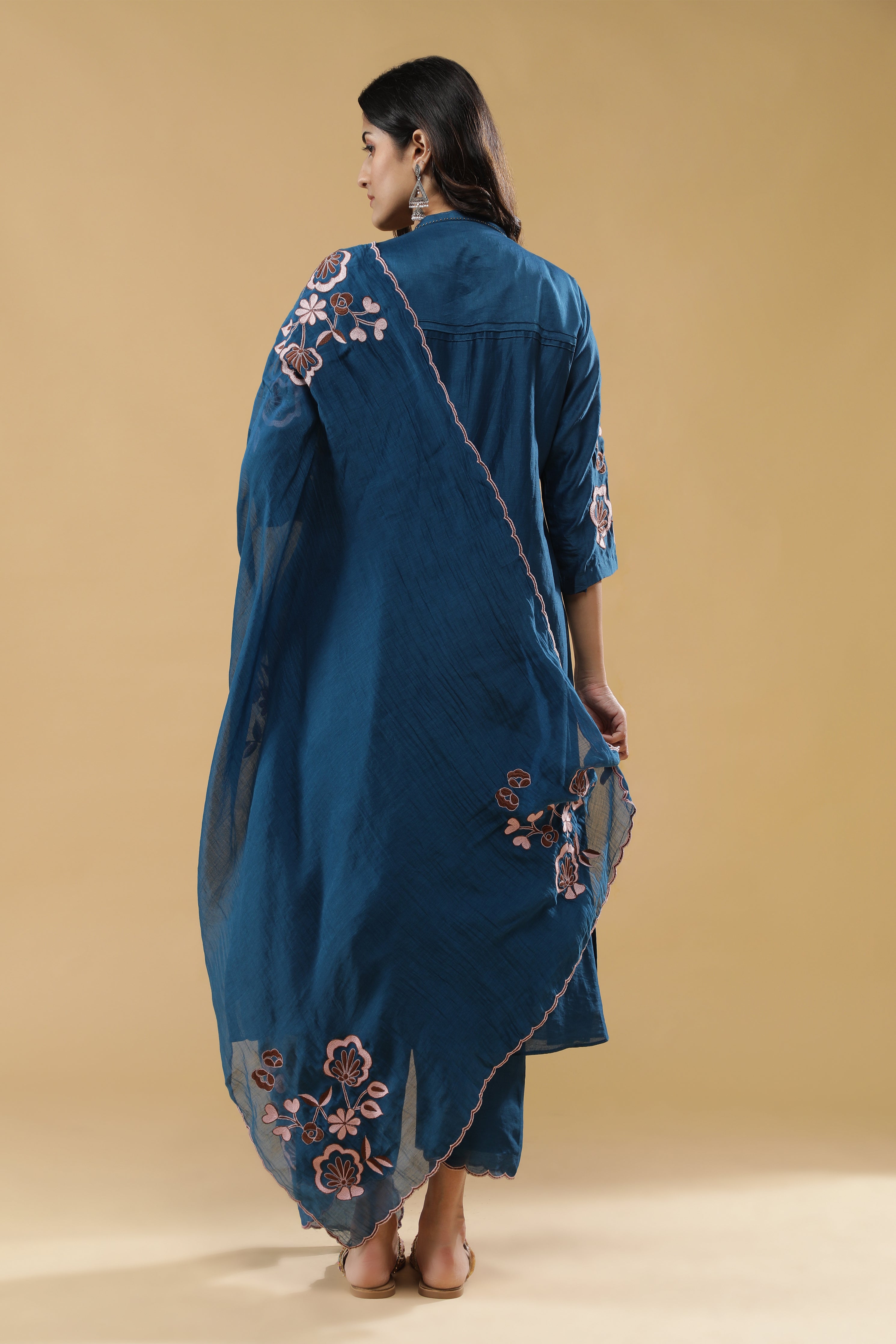 Teal Blue Chanderi Silk Straight Cut Salwar Set