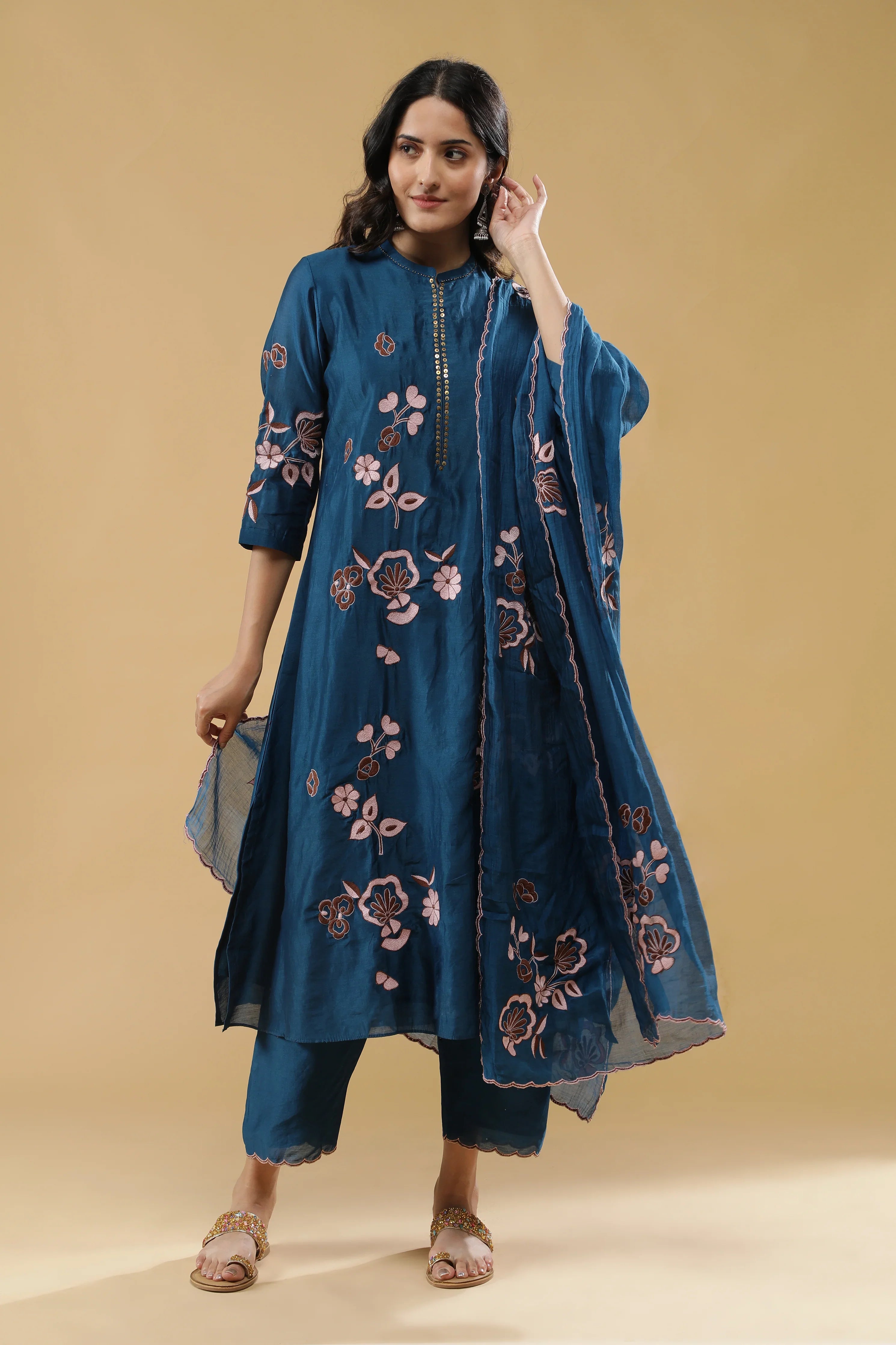 Teal Blue Chanderi Silk Straight Cut Salwar Set | Mokshaa