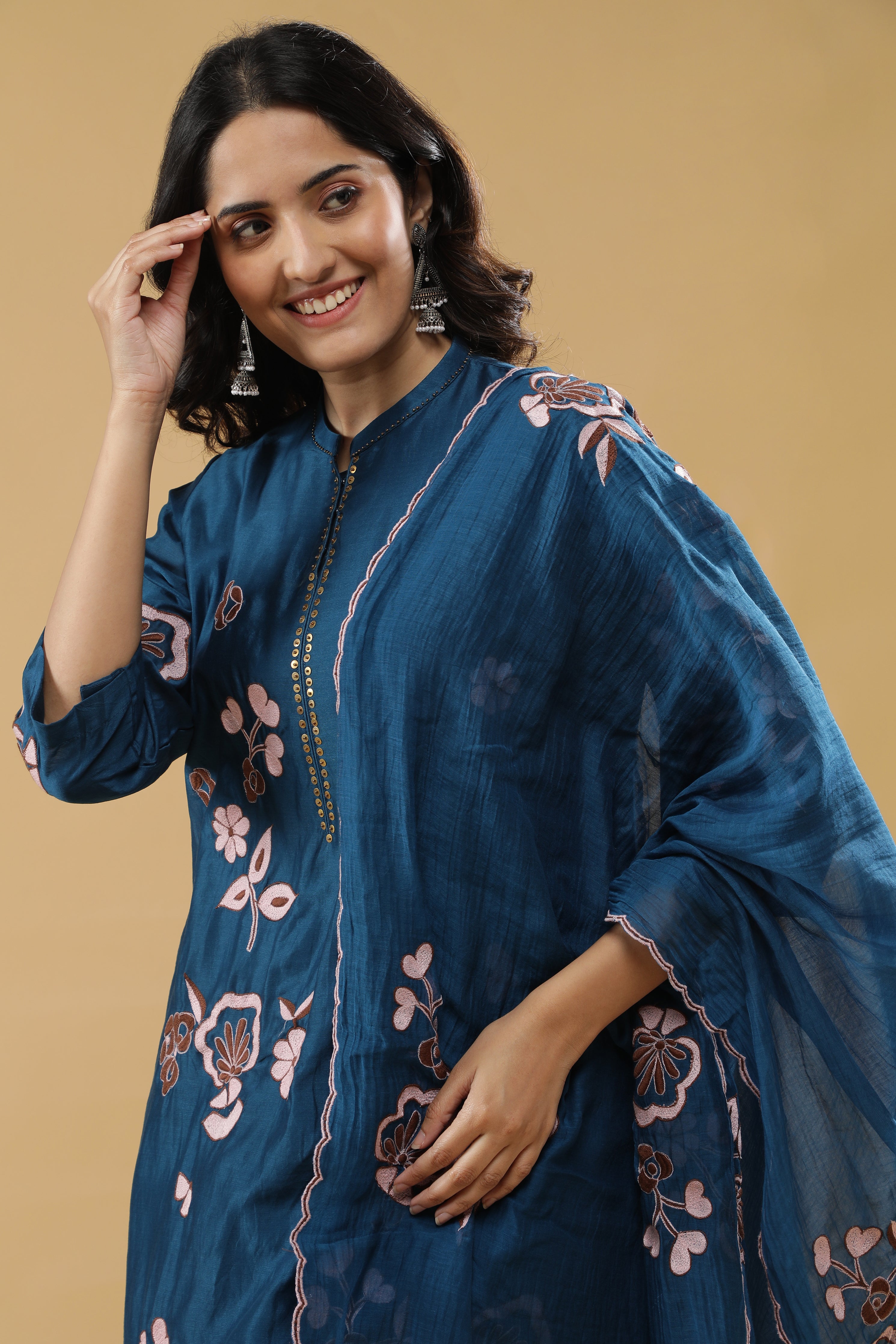 Teal Blue Chanderi Silk Straight Cut Salwar Set