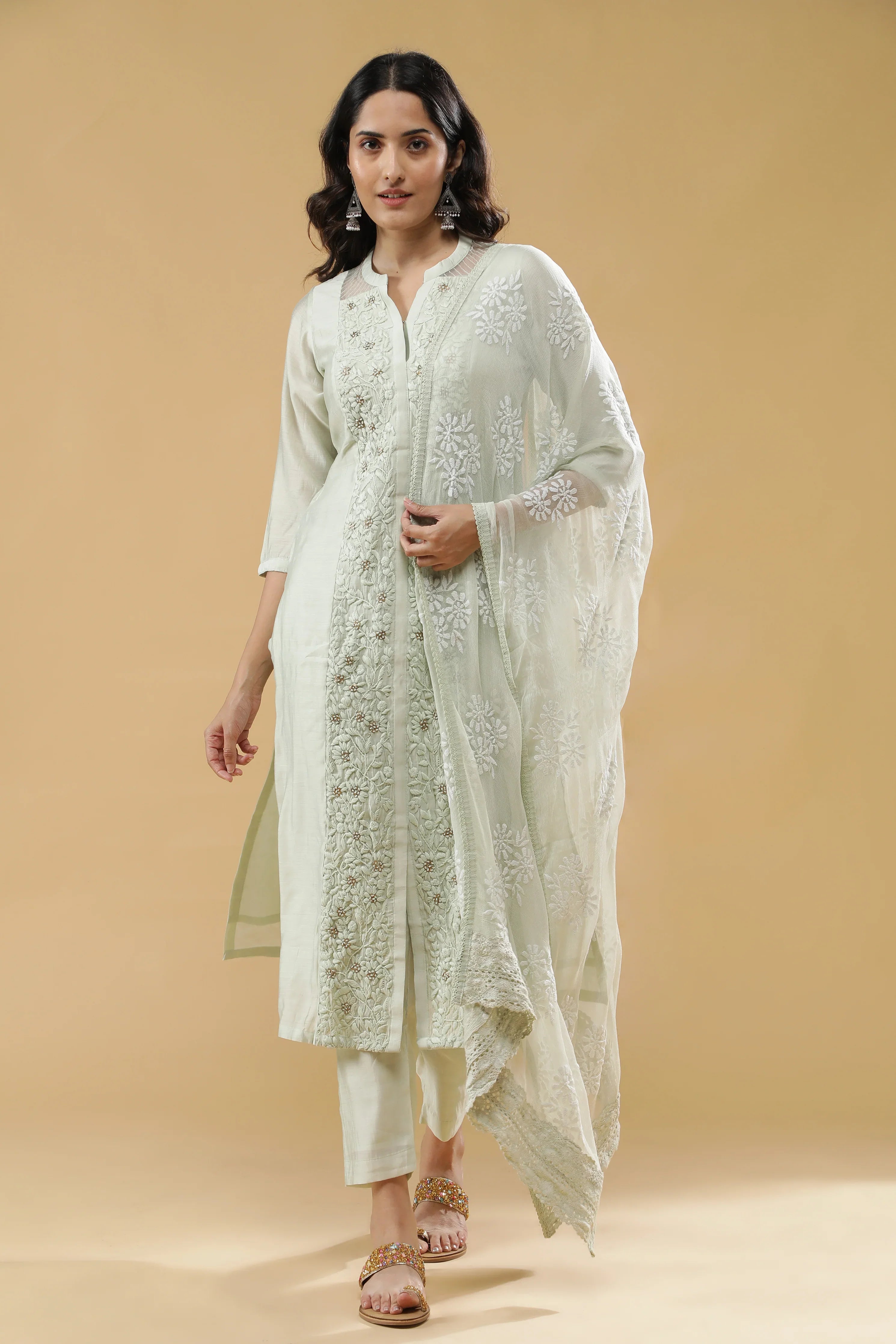 Light Green Chanderi Salwar Set | Mokshaa