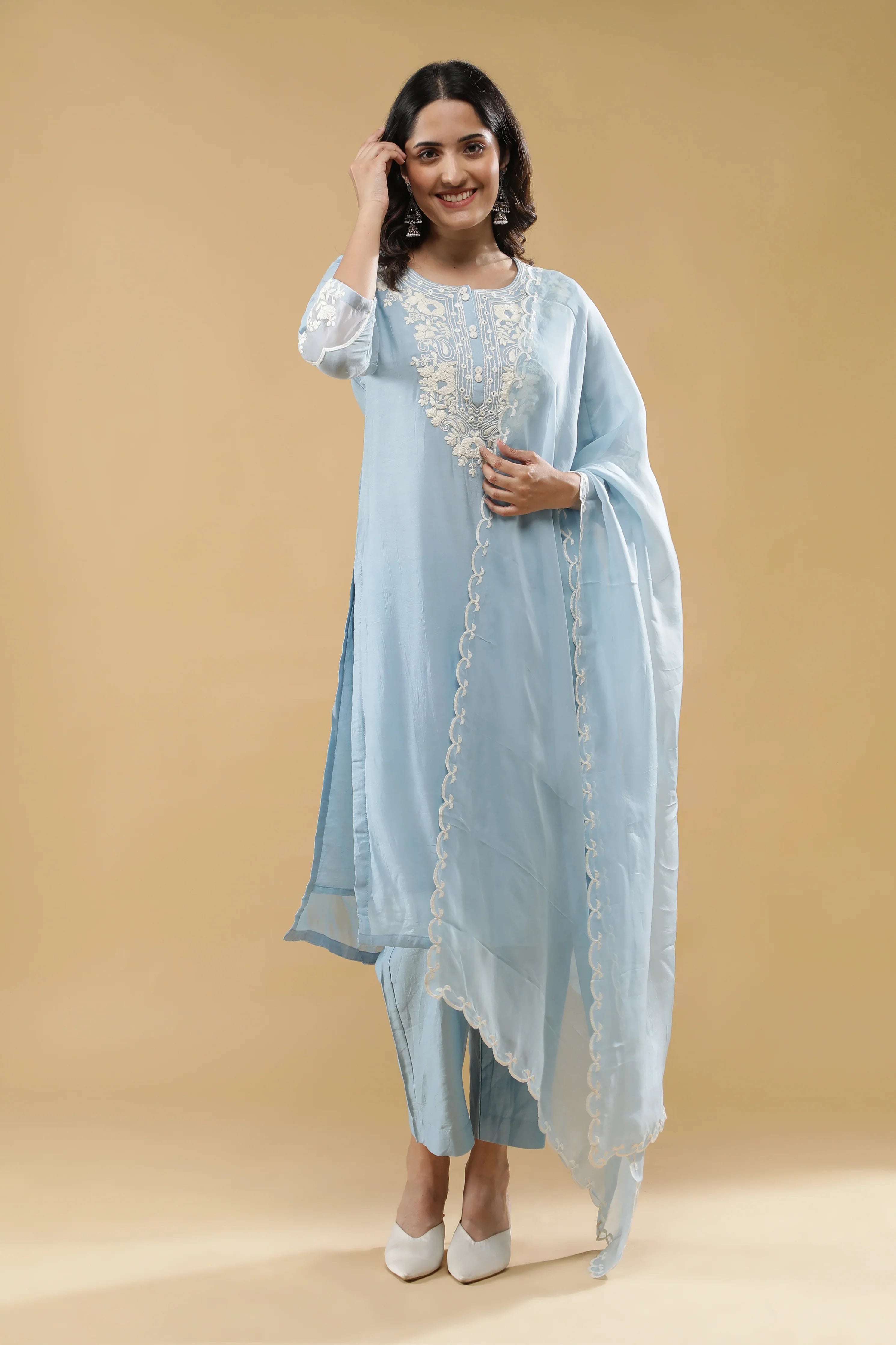 Light Blue Mul Chanderi Salwar Set | Mokshaa