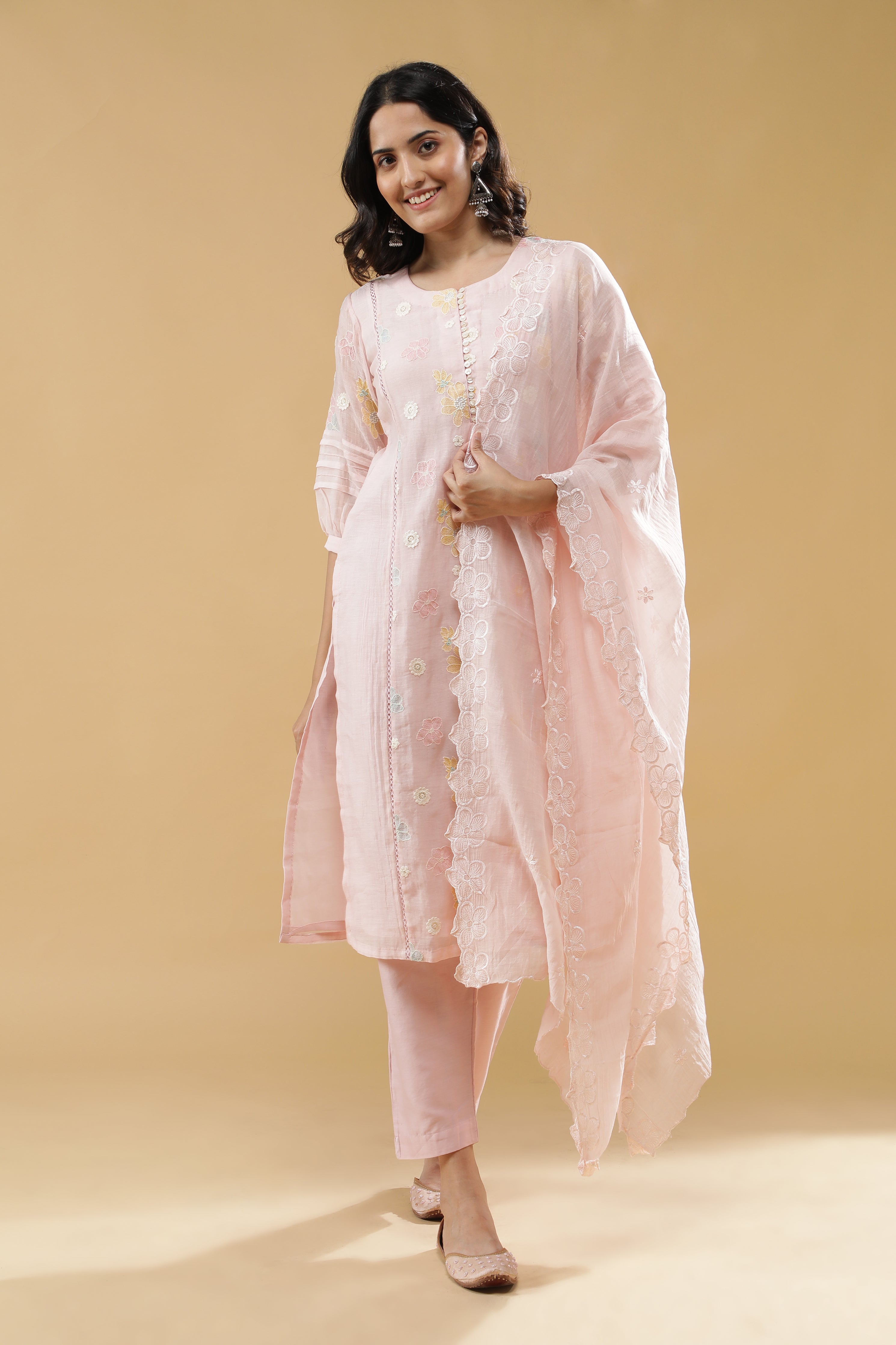 Baby Pink Mul Chanderi Straight-Cut Salwar Set