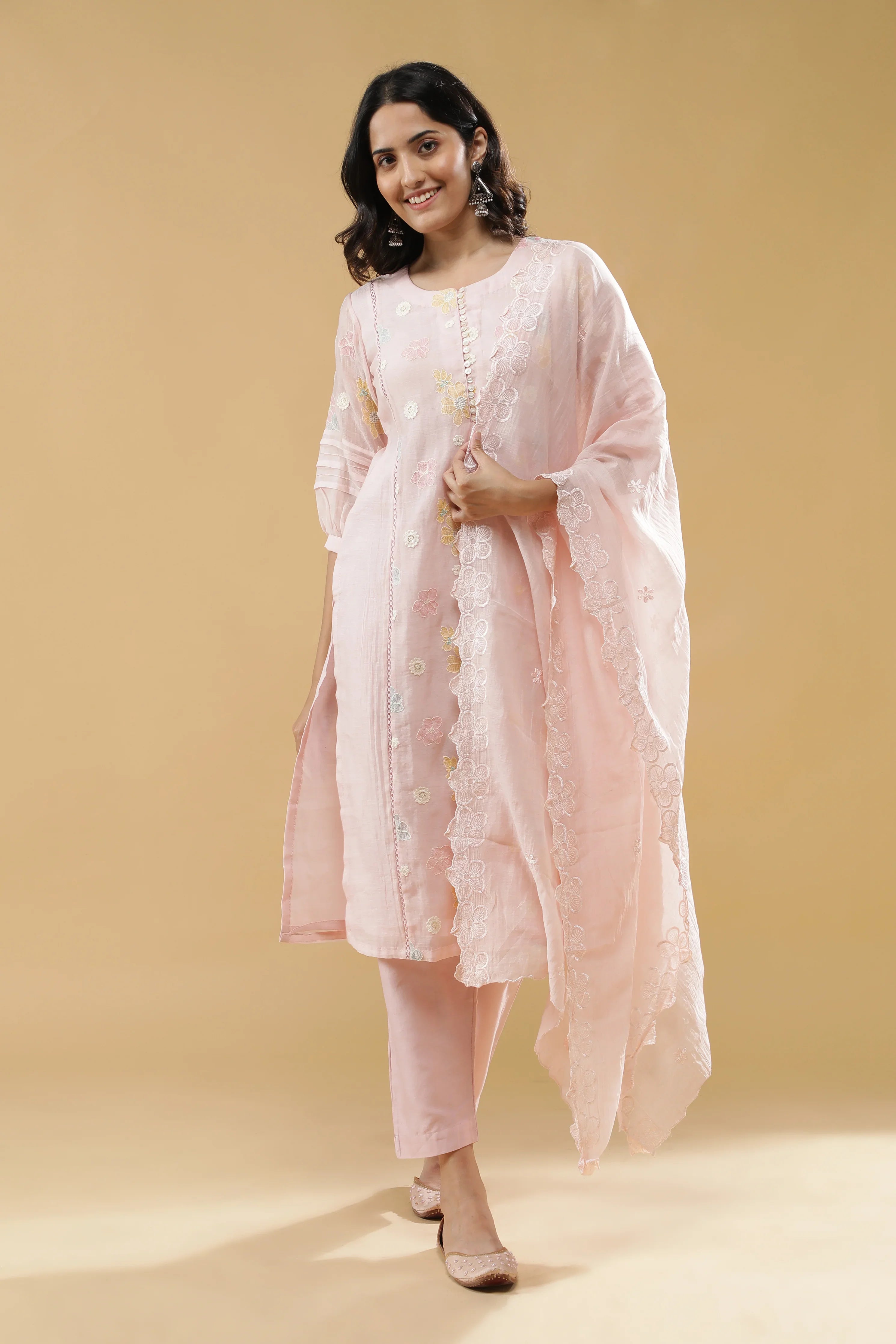 Baby Pink Mul Chanderi Straight-Cut Salwar Set | Mokshaa