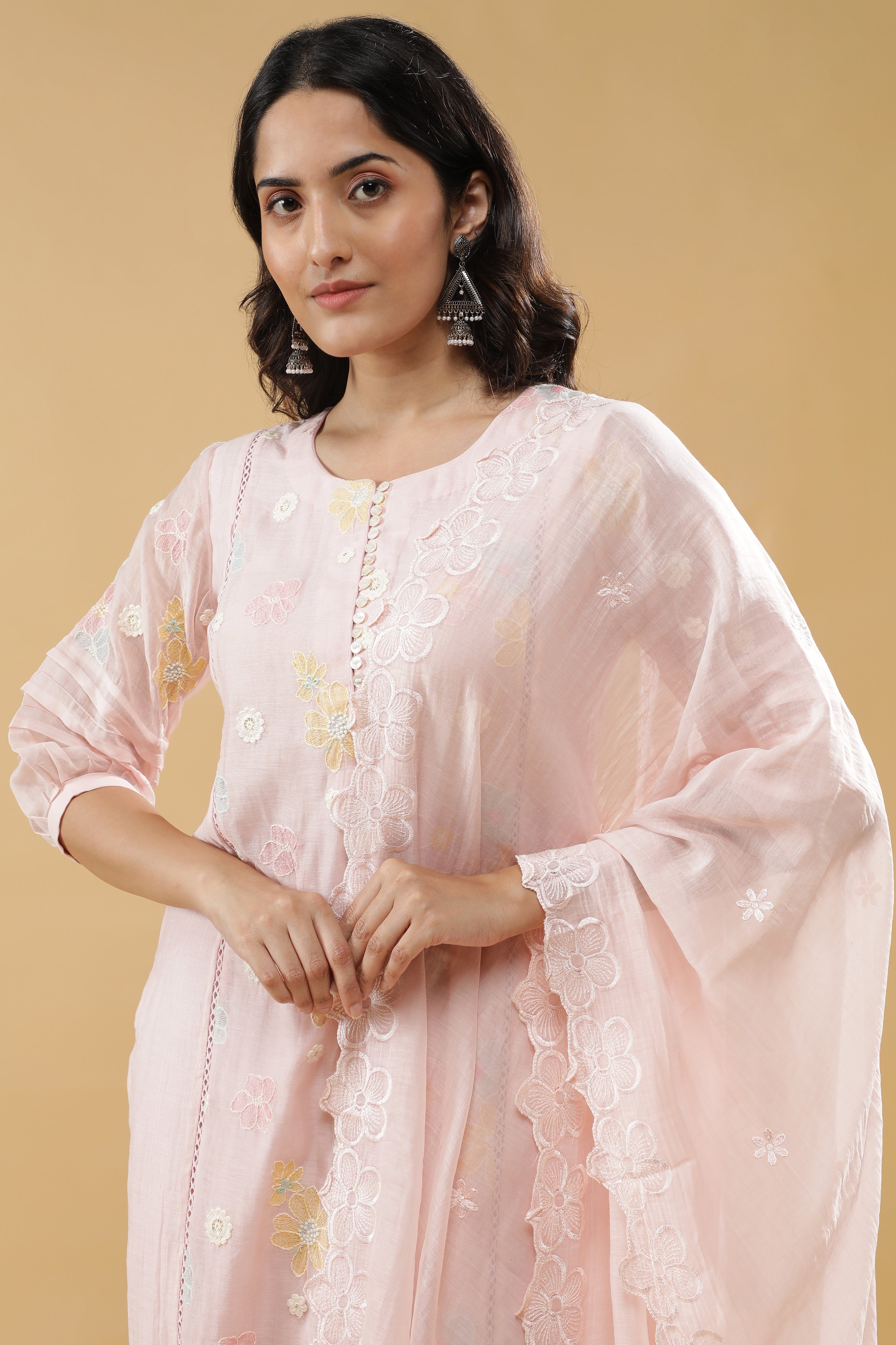 Baby Pink Mul Chanderi Straight-Cut Salwar Set